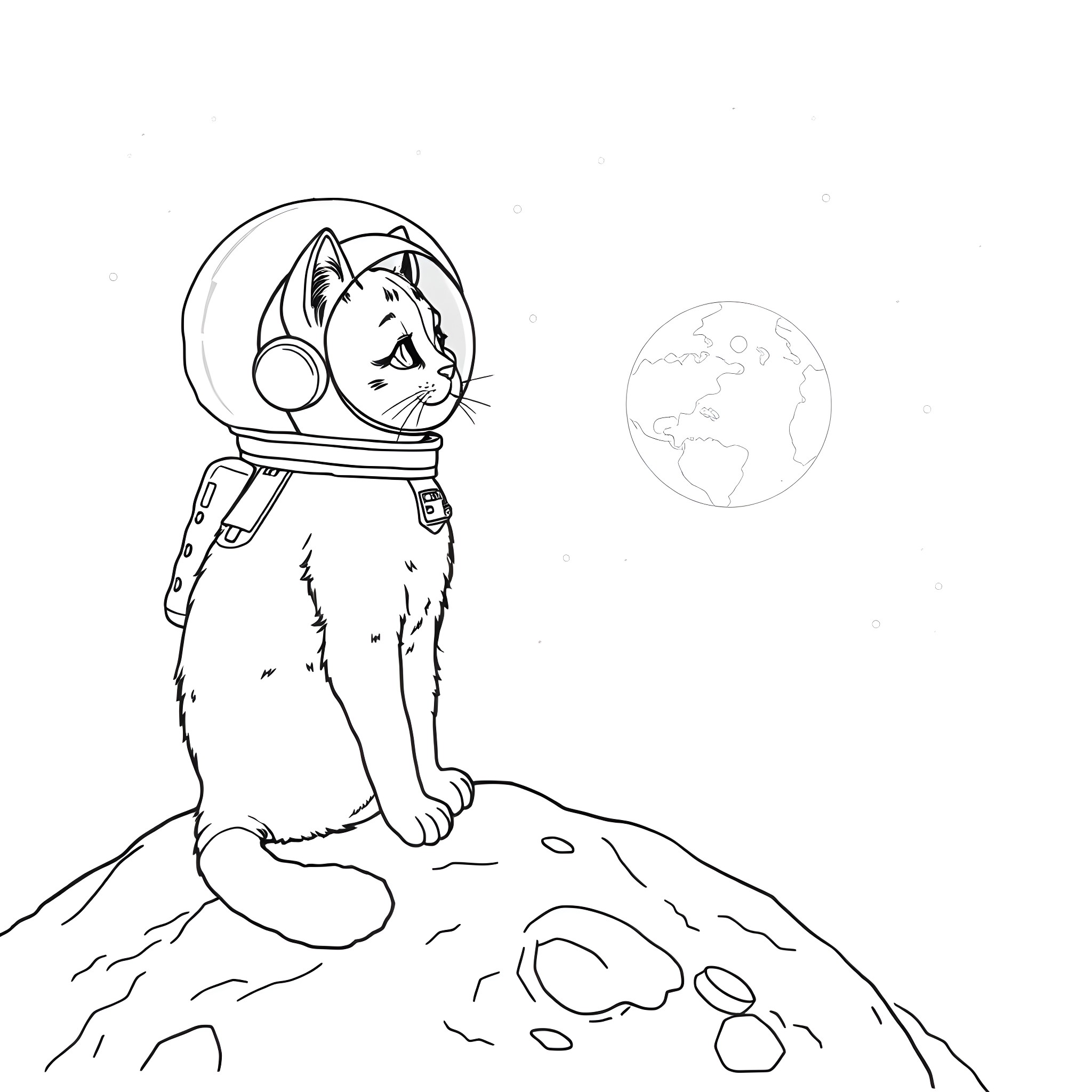 Cat astronaut exploring the moon Coloring Page (free black-and-white line drawing printable PDF for all, from beginners to advanced learners, including children, teens, adults, and seniors)