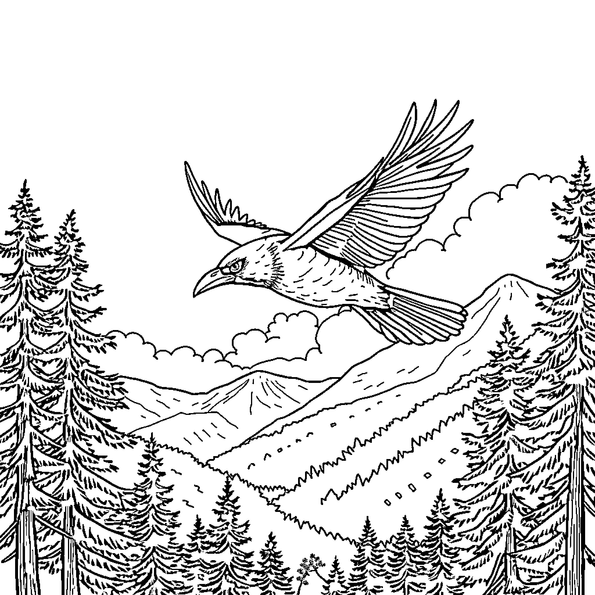 Crow soaring majestically over the mountain landscape Coloring Page (free black-and-white line drawing printable PDF for all, from beginners to advanced learners, including children, teens, adults, and seniors)