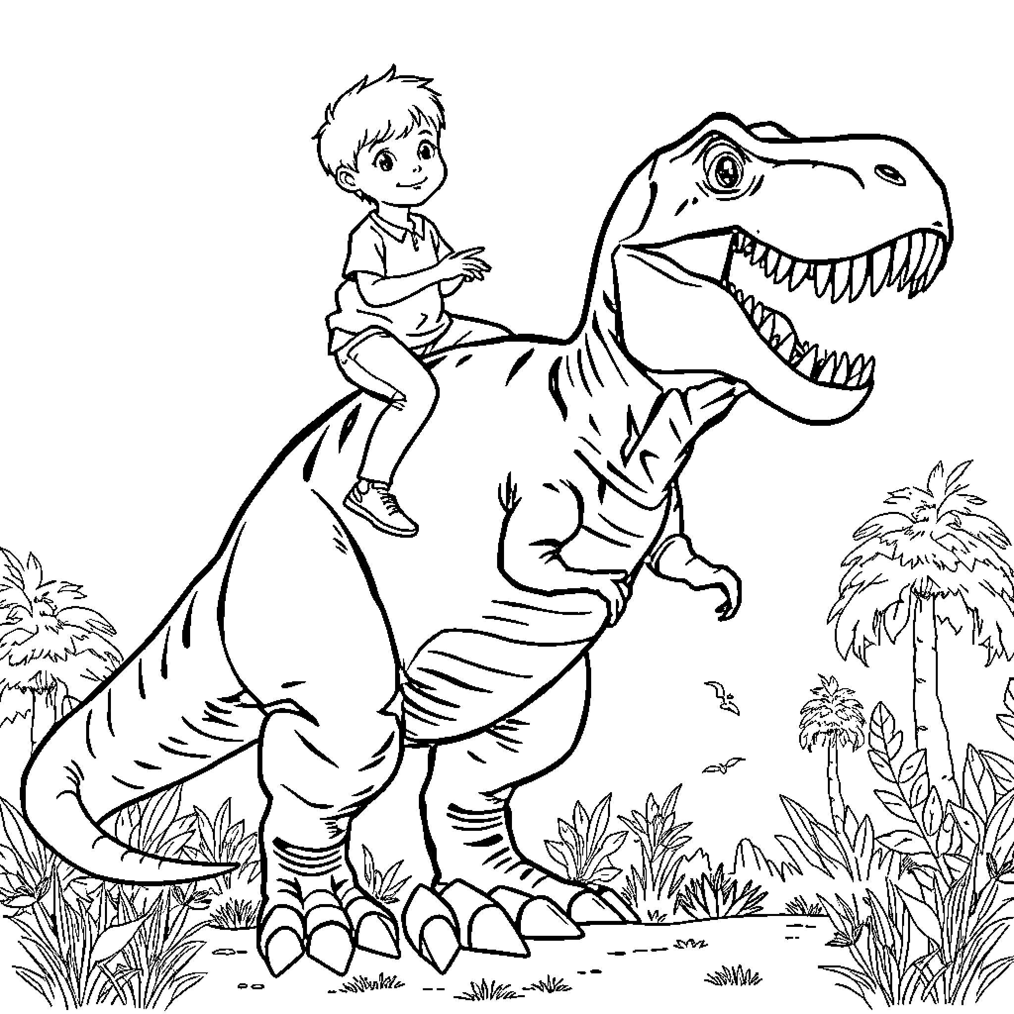T-Rex Rider Explores Prehistoric Landscape Coloring Page (free black-and-white line drawing printable PDF for all, from beginners to advanced learners, including children, teens, adults, and seniors)