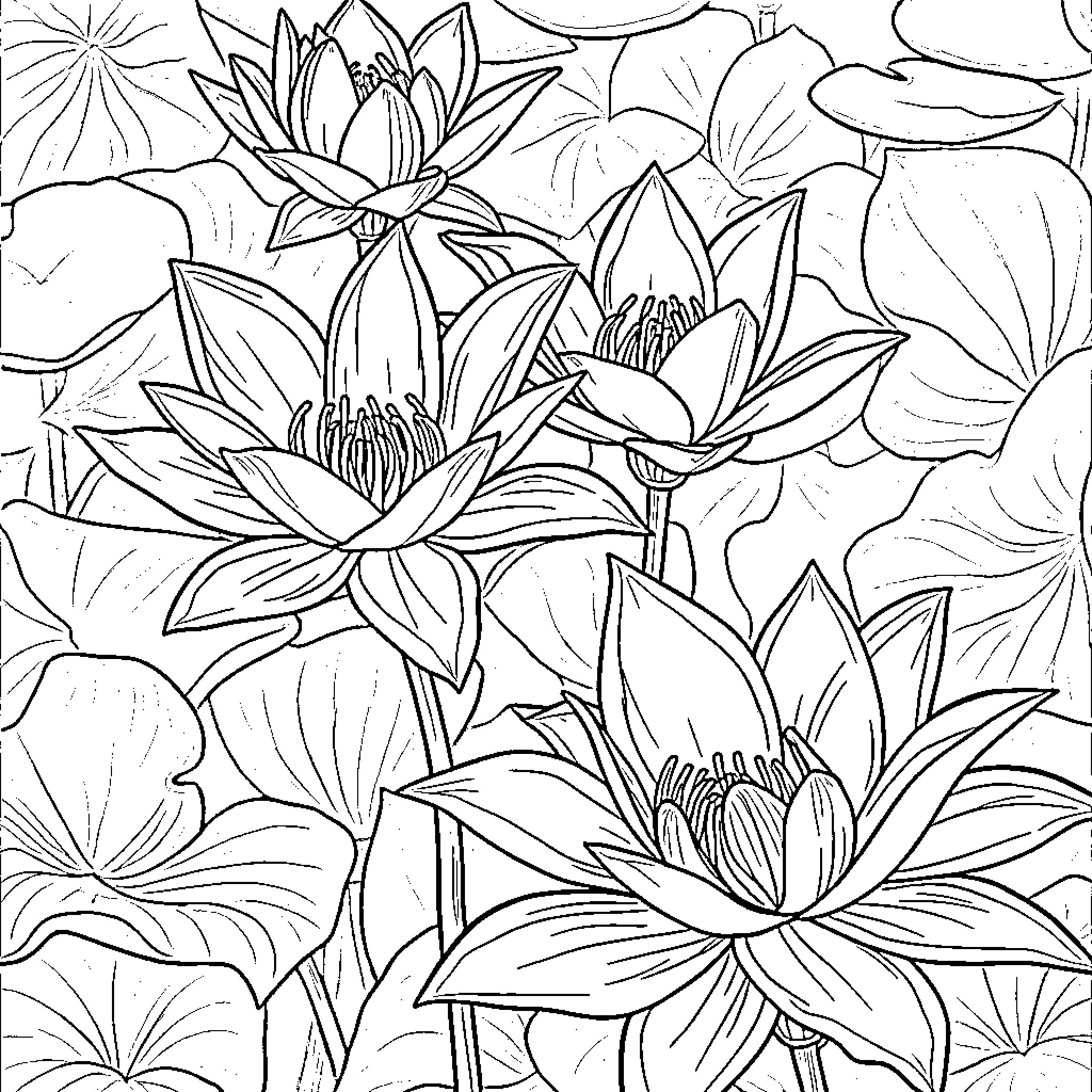 Lily pond blooming with elegant flowers Coloring Page (free black-and-white line drawing printable PDF for all, from beginners to advanced learners, including children, teens, adults, and seniors)
