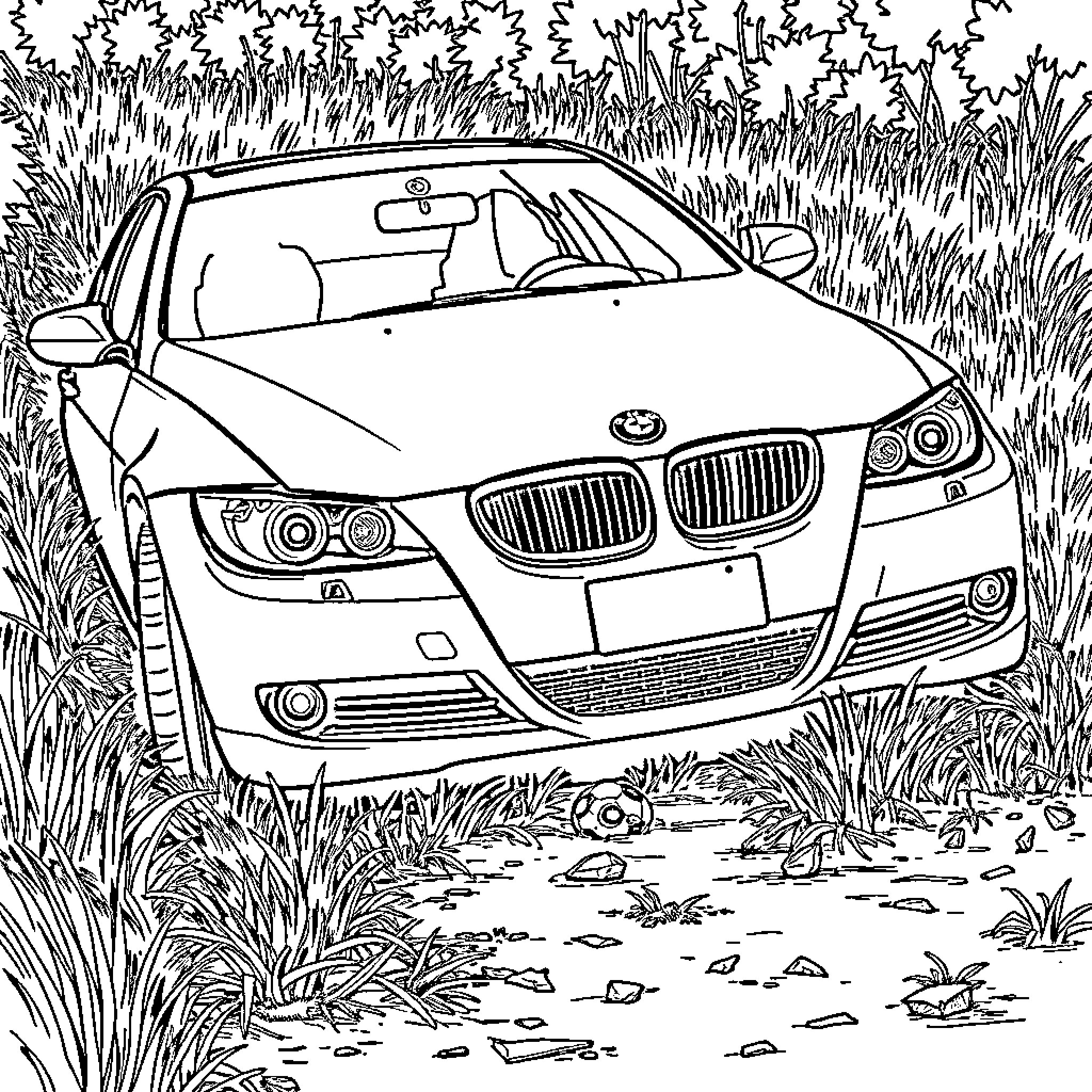 BMW Luxury Sedan Navigating through Grassy Landscape Coloring Page (free black-and-white line drawing printable PDF for all, from beginners to advanced learners, including children, teens, adults, and seniors)