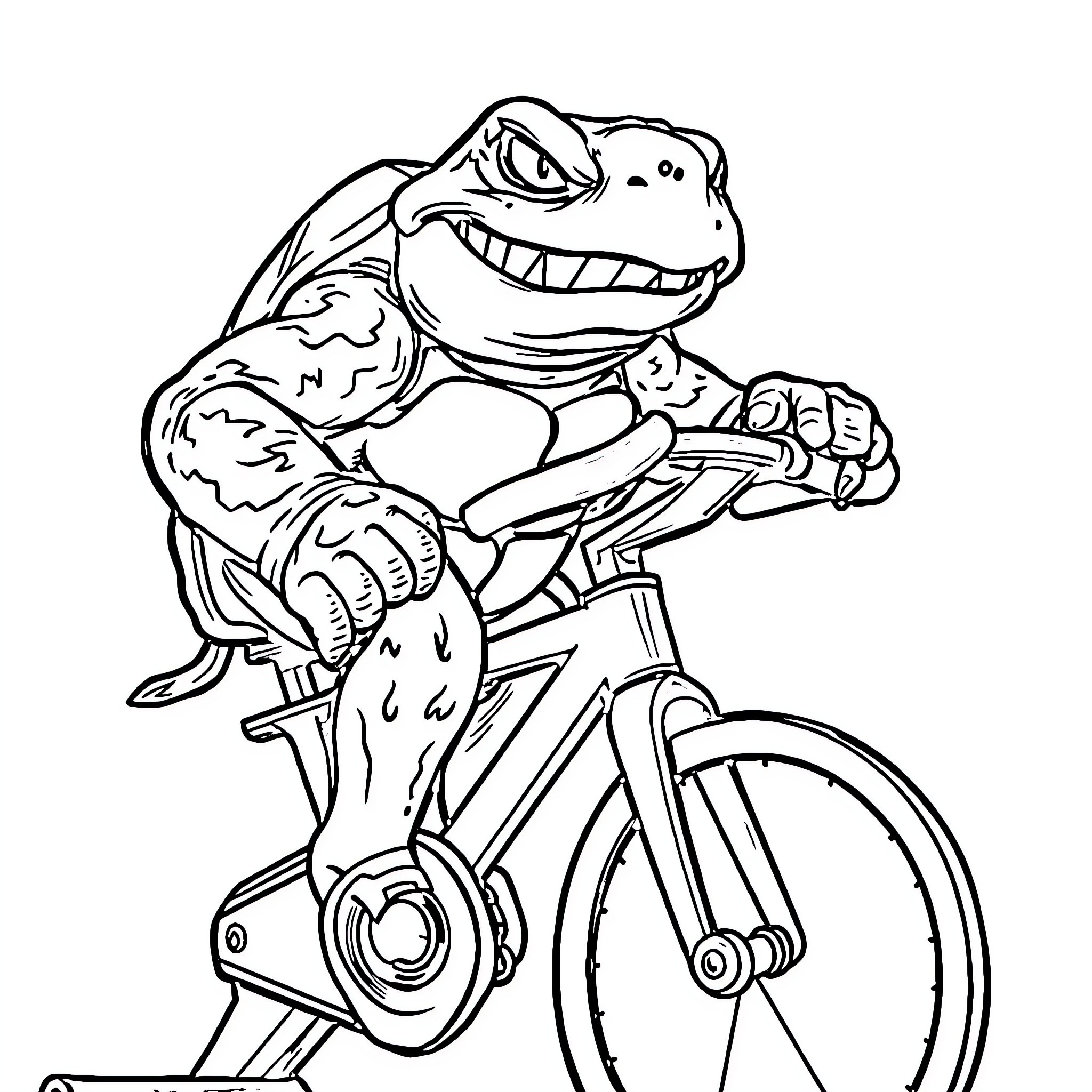 Turtle riding a bicycle with enthusiasm Coloring Page (free black-and-white line drawing printable PDF for all, from beginners to advanced learners, including children, teens, adults, and seniors)