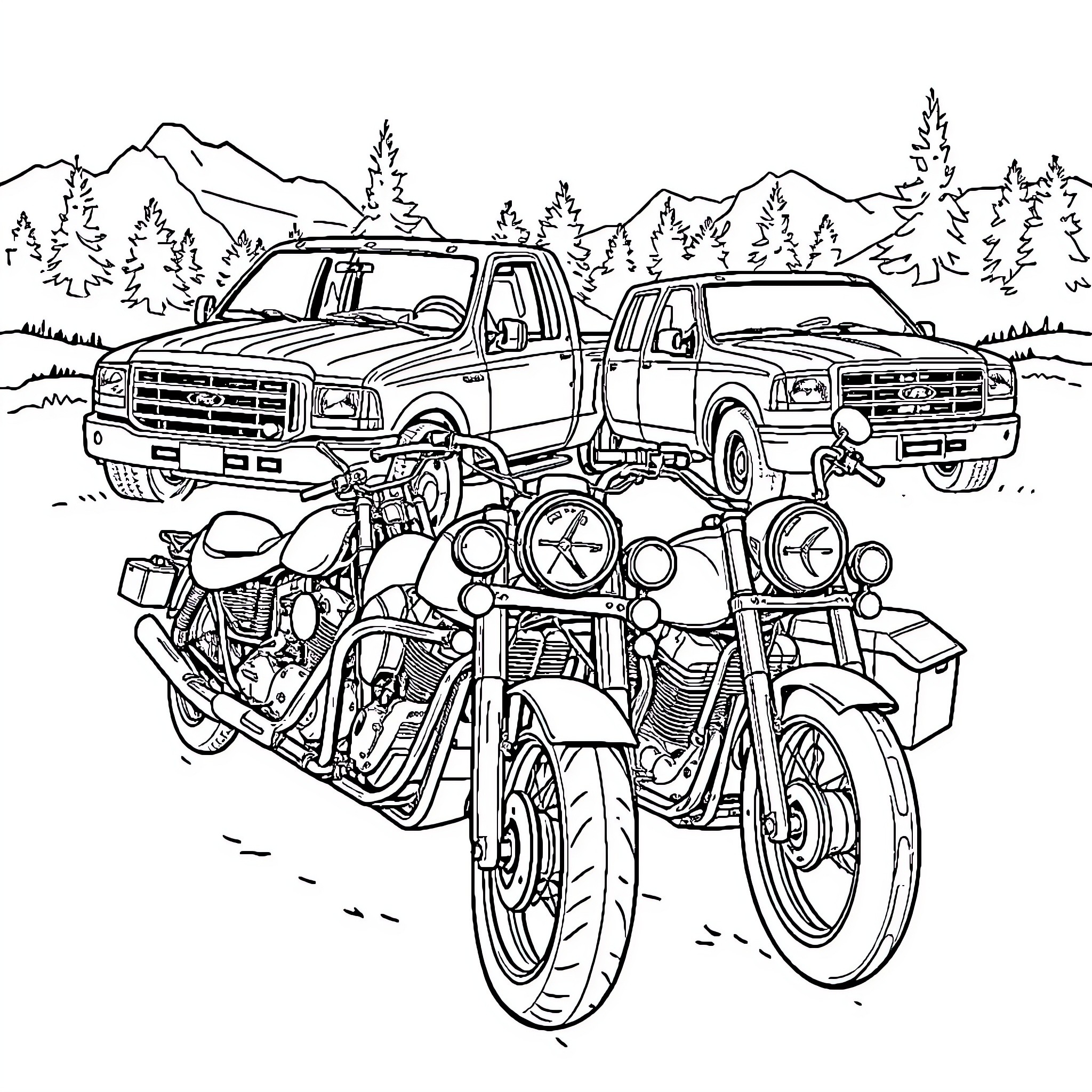 Motorcycle Towing Trucks in Rugged Landscape Coloring Page (free black-and-white line drawing printable PDF for all, from beginners to advanced learners, including children, teens, adults, and seniors)