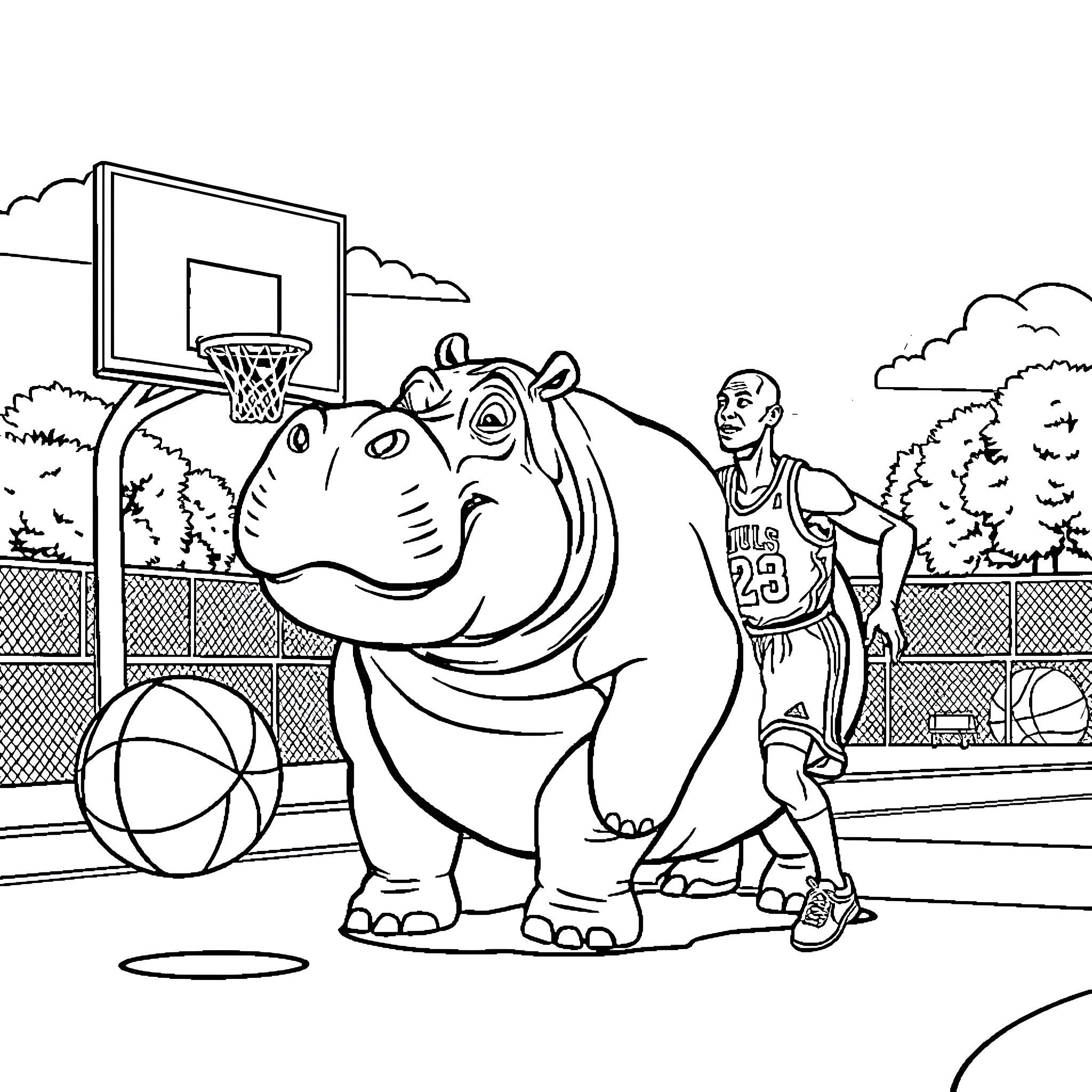 Hippo playing basketball with a human Coloring Page (free black-and-white line drawing printable PDF for all, from beginners to advanced learners, including children, teens, adults, and seniors)