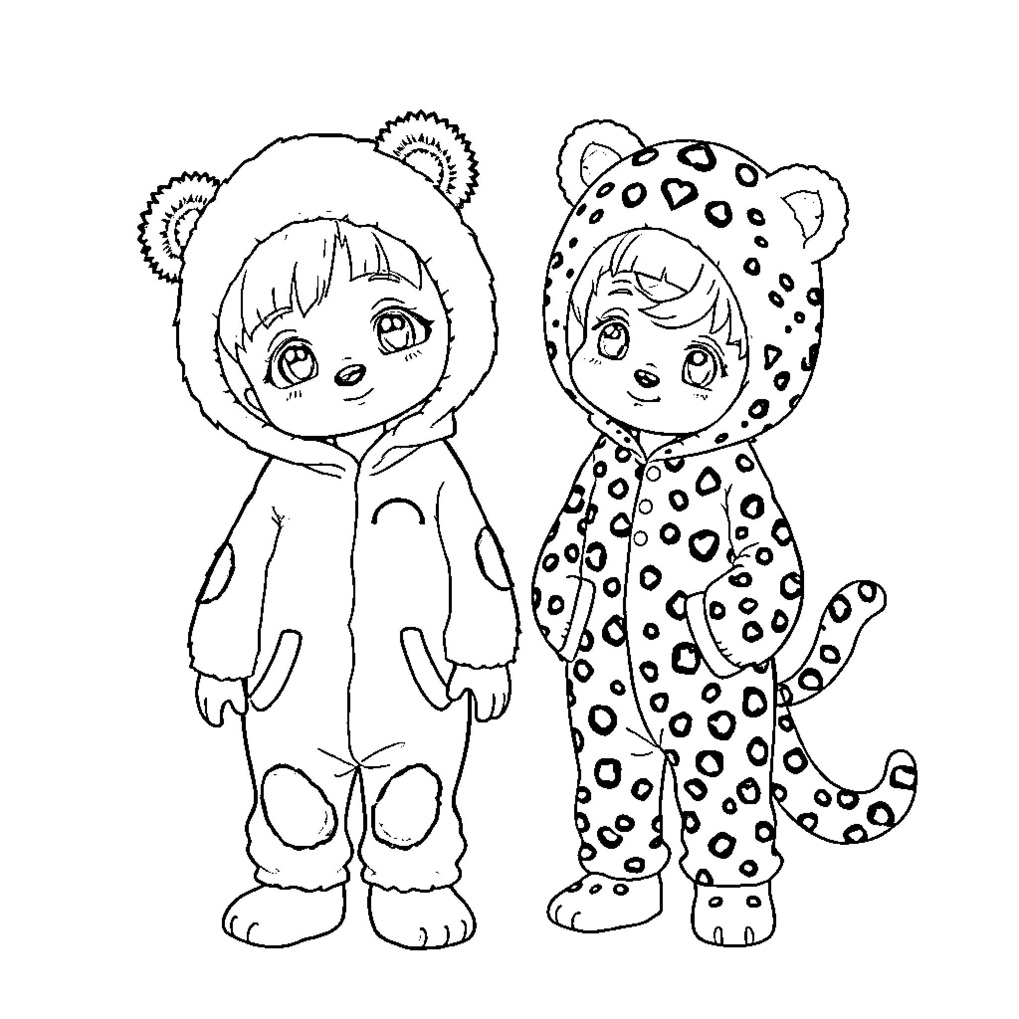 Boy and girl wearing animal costumes Coloring Page (free black-and-white line drawing printable PDF for all, from beginners to advanced learners, including children, teens, adults, and seniors)