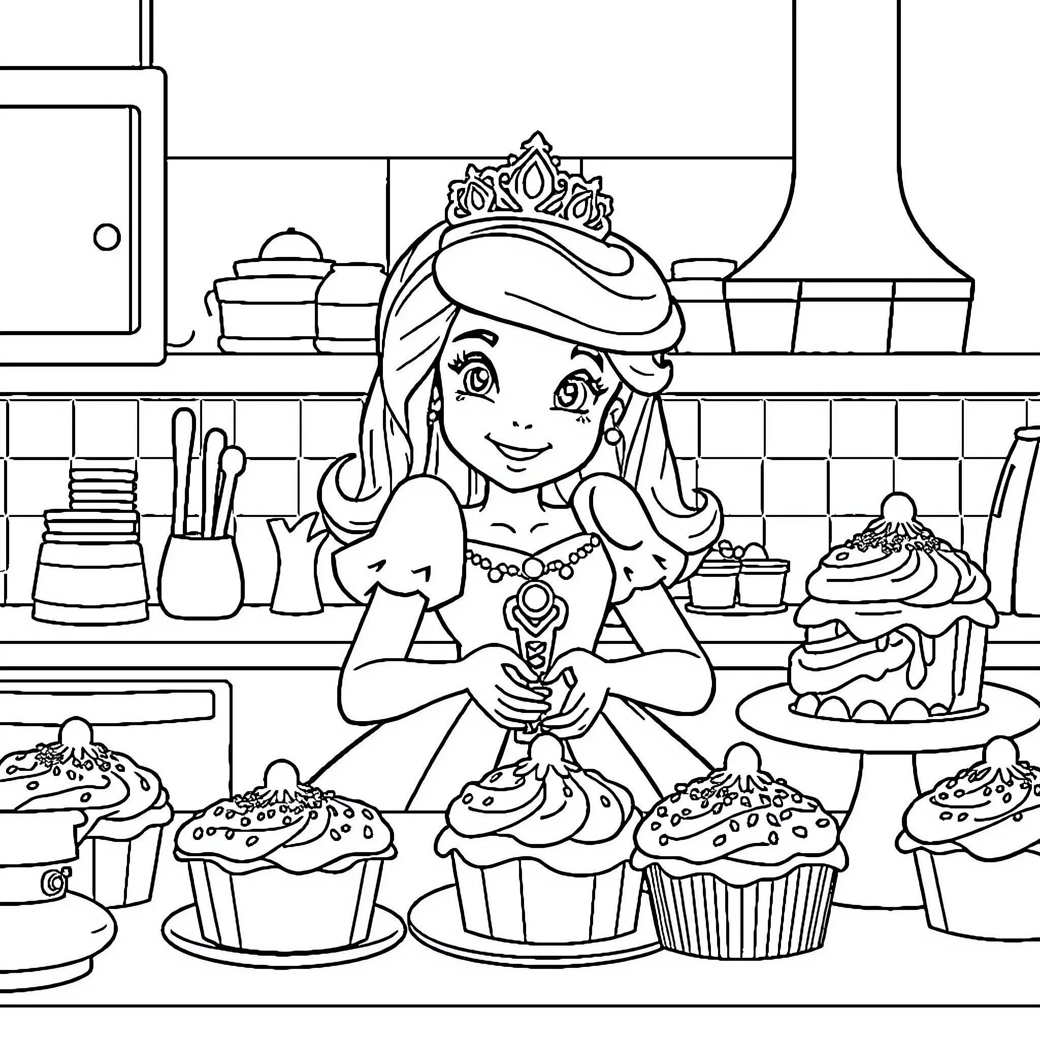 Princess baking delicious cupcakes in the kitchen Coloring Page (free black-and-white line drawing printable PDF for all, from beginners to advanced learners, including children, teens, adults, and seniors)