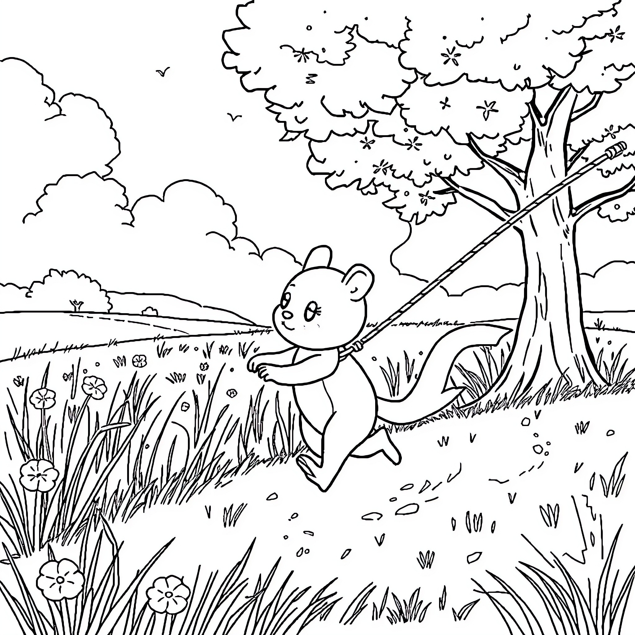 Diddl enjoying a playful stroll through nature Coloring Page (free black-and-white line drawing printable PDF for all, from beginners to advanced learners, including children, teens, adults, and seniors)