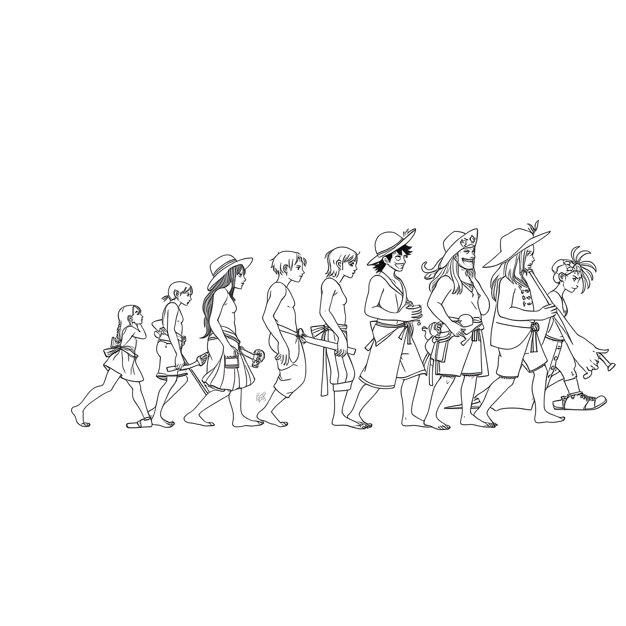 Man leading a group of diverse people on a journey Coloring Page (free black-and-white line drawing printable PDF for all, from beginners to advanced learners, including children, teens, adults, and seniors)