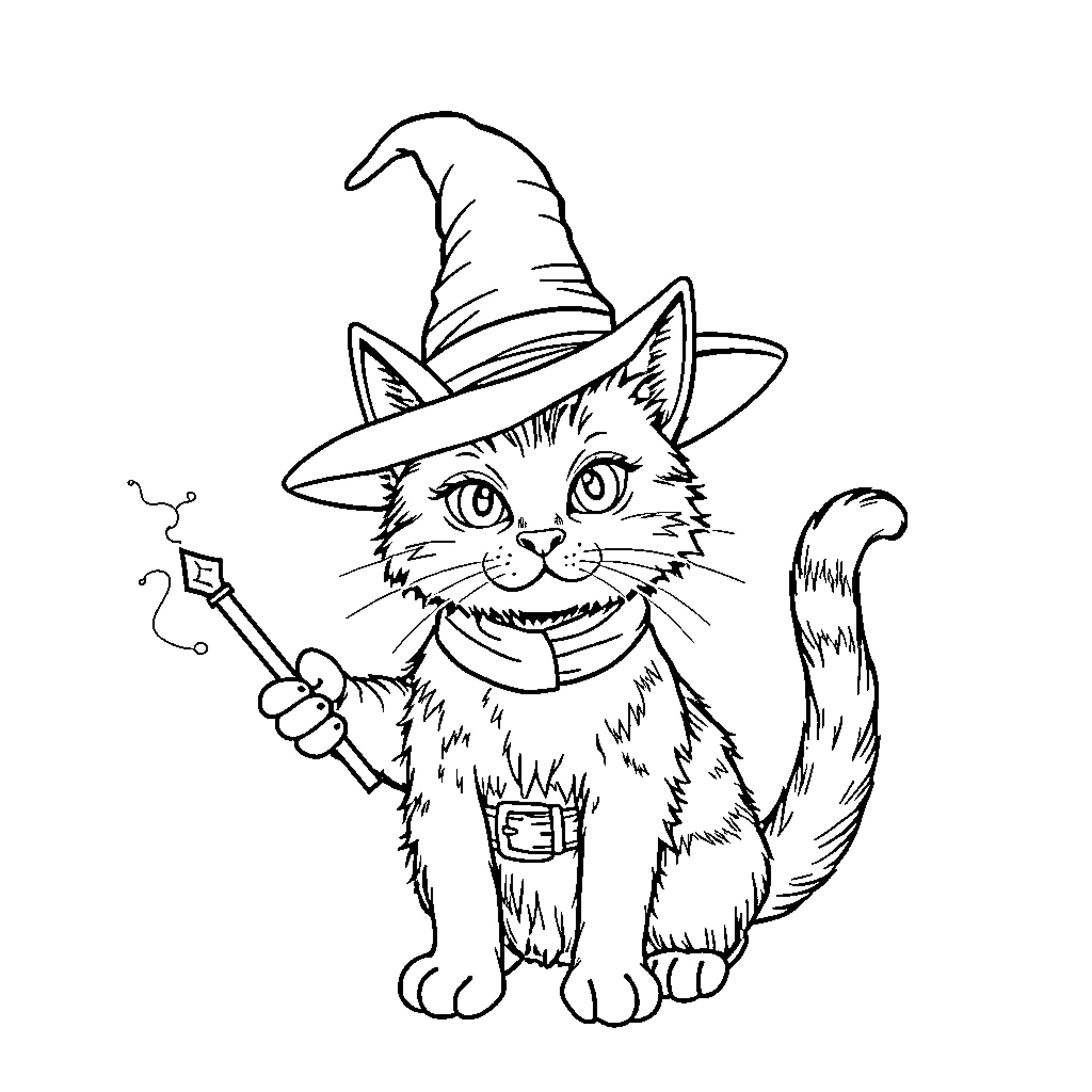 Wizard Cat Casting Spells with Magic Wand Coloring Page (free black-and-white line drawing printable PDF for all, from beginners to advanced learners, including children, teens, adults, and seniors)