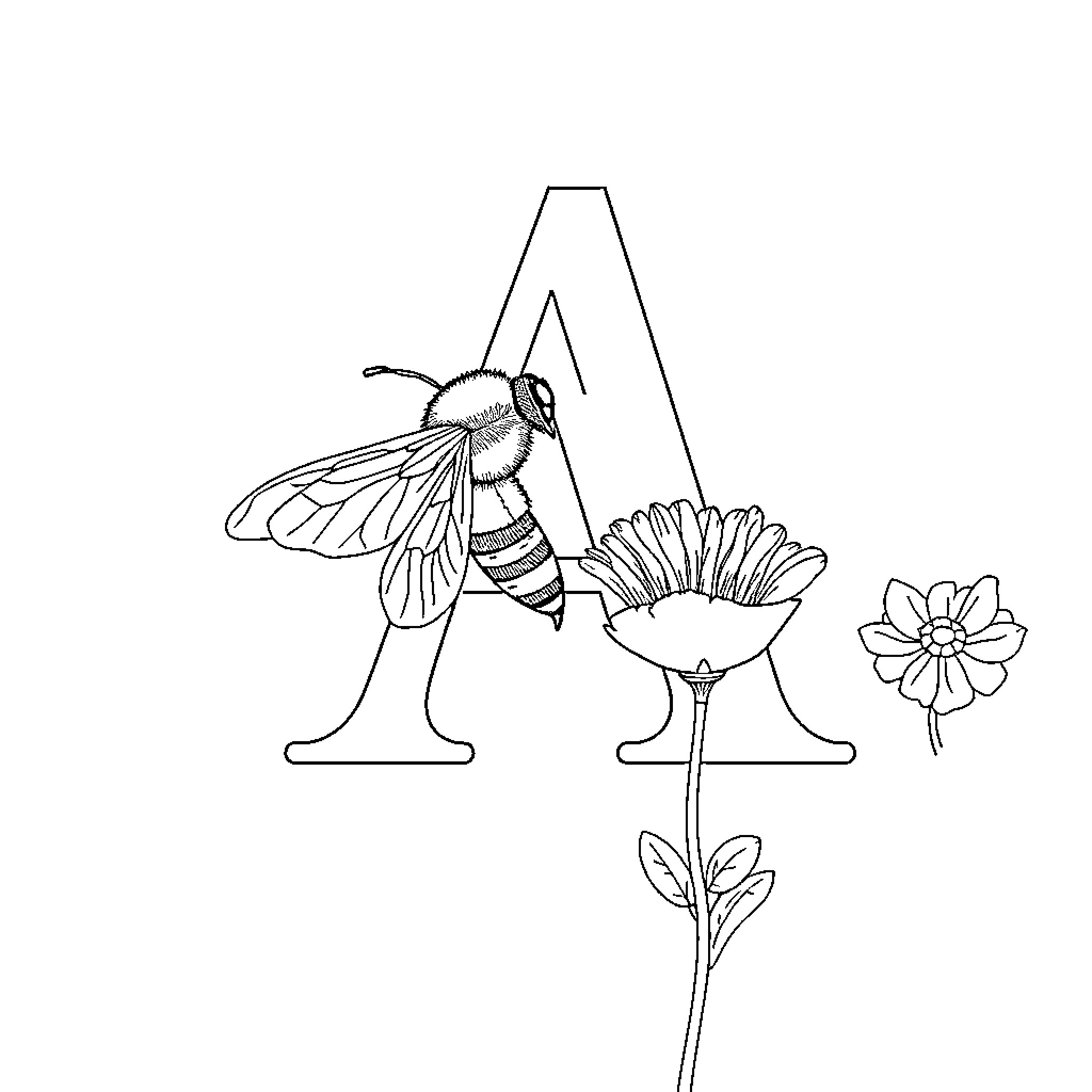 Bee pollinating flowers with letter A Coloring Page (free black-and-white line drawing printable PDF for all, from beginners to advanced learners, including children, teens, adults, and seniors)