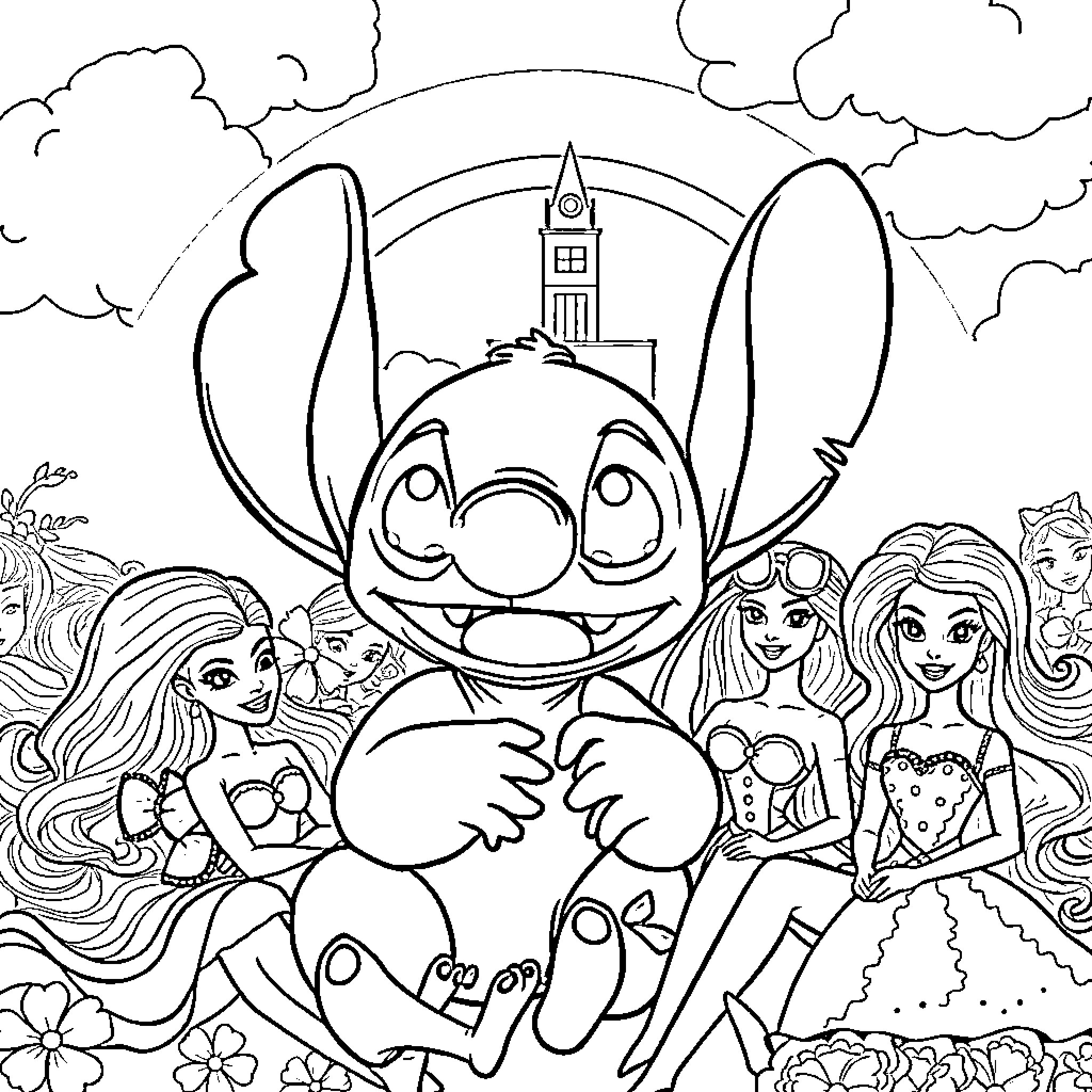 Stitch surrounded by cheerful Disney characters Coloring Page (free black-and-white line drawing printable PDF for all, from beginners to advanced learners, including children, teens, adults, and seniors)
