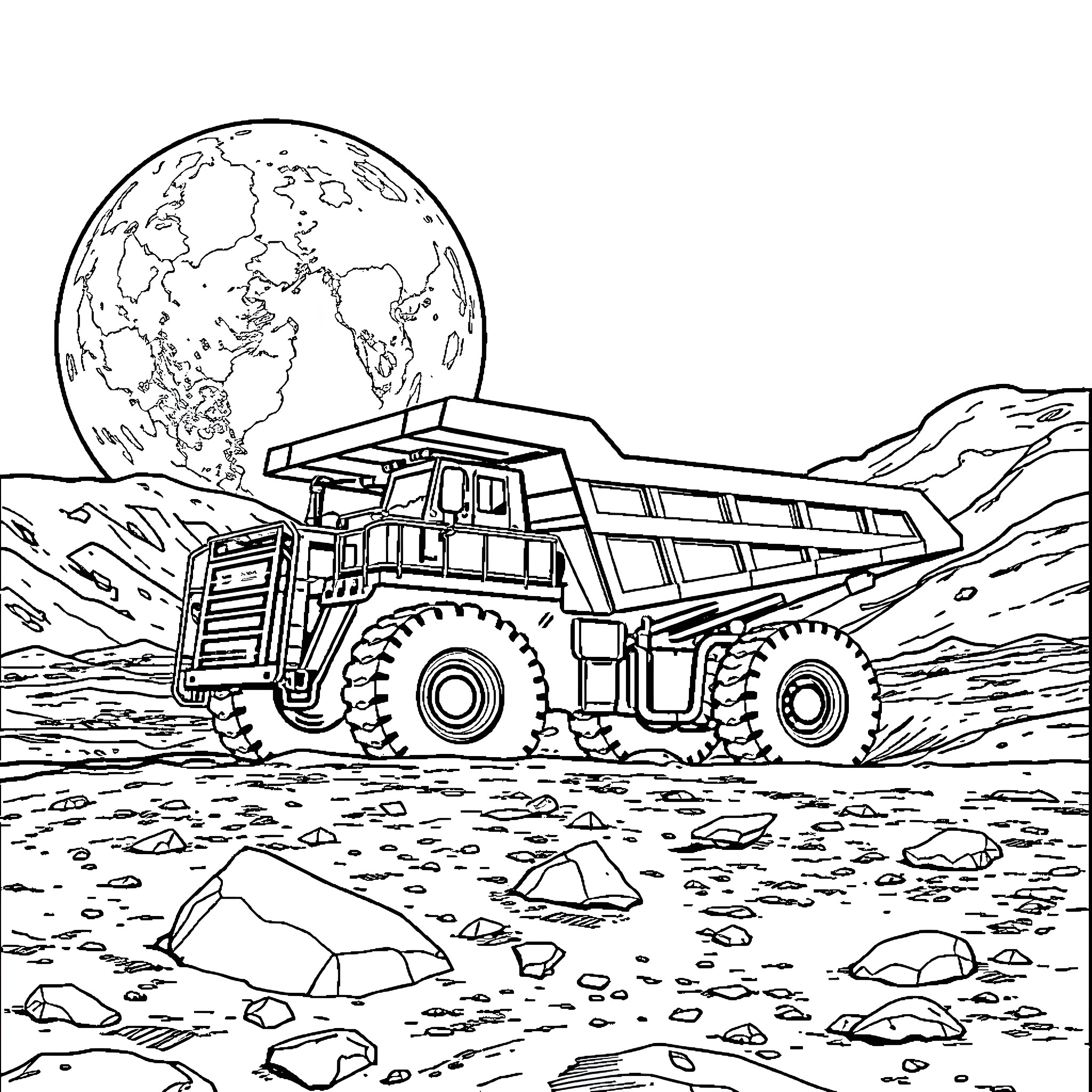 Haul Truck Transporting Cargo in Rugged Terrain Coloring Page (free black-and-white line drawing printable PDF for all, from beginners to advanced learners, including children, teens, adults, and seniors)