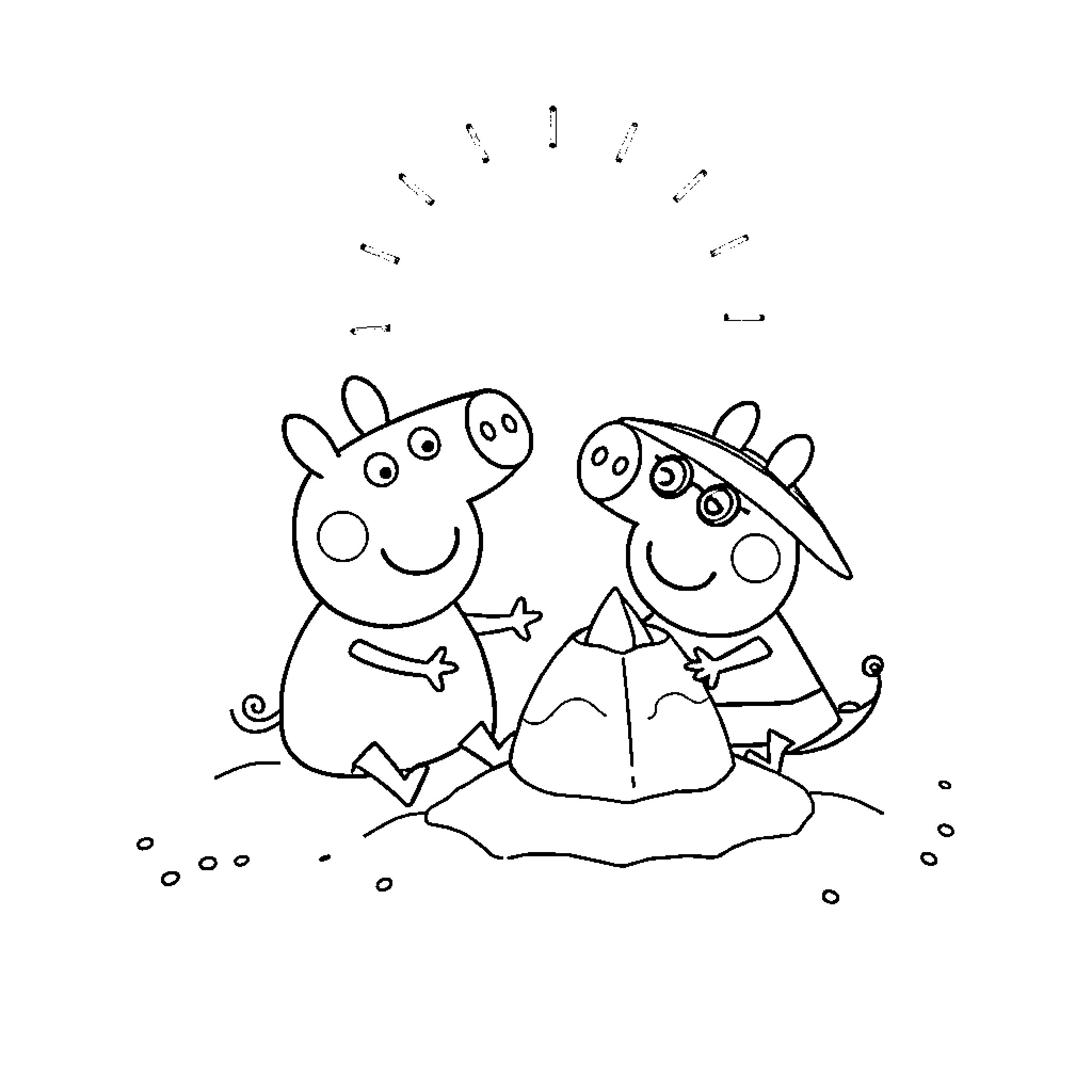 Peppa Pig and George playing together happily Coloring Page (free black-and-white line drawing printable PDF for all, from beginners to advanced learners, including children, teens, adults, and seniors)