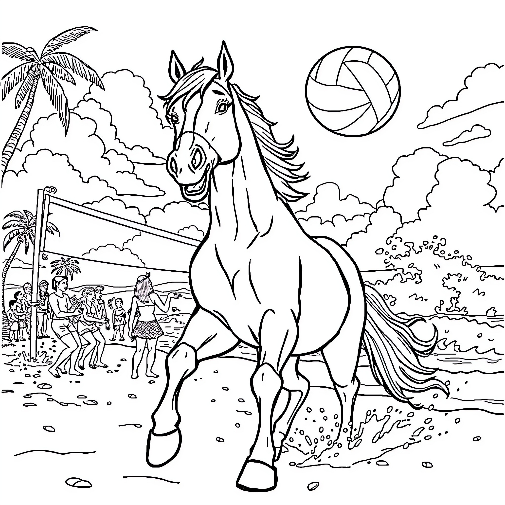 Horse galloping on the beach with a volleyball Coloring Page (free black-and-white line drawing printable PDF for all, from beginners to advanced learners, including children, teens, adults, and seniors)