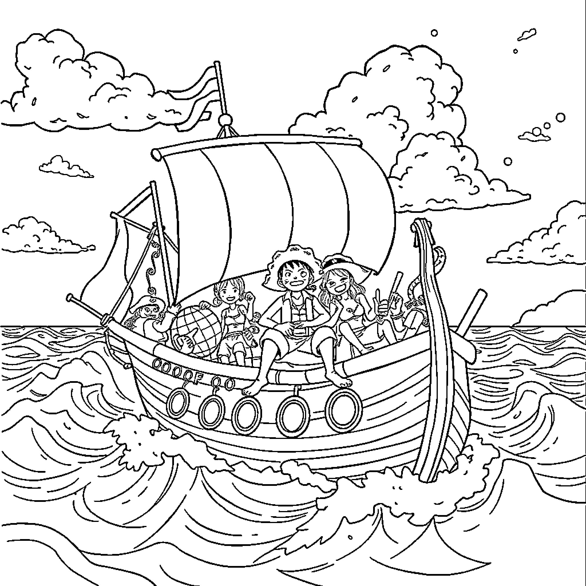 One Piece: Pirates Sailing on Adventure-Filled Seas Coloring Page (free black-and-white line drawing printable PDF for all, from beginners to advanced learners, including children, teens, adults, and seniors)
