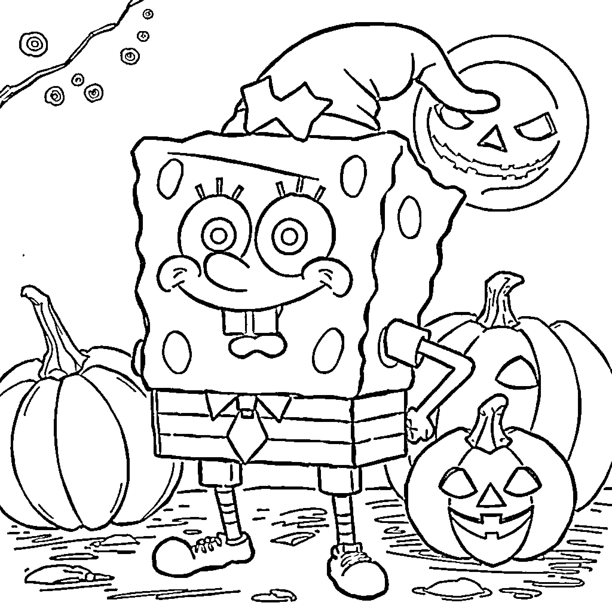 Spongebob Celebrating Halloween with Pumpkins Coloring Page (free black-and-white line drawing printable PDF for all, from beginners to advanced learners, including children, teens, adults, and seniors)