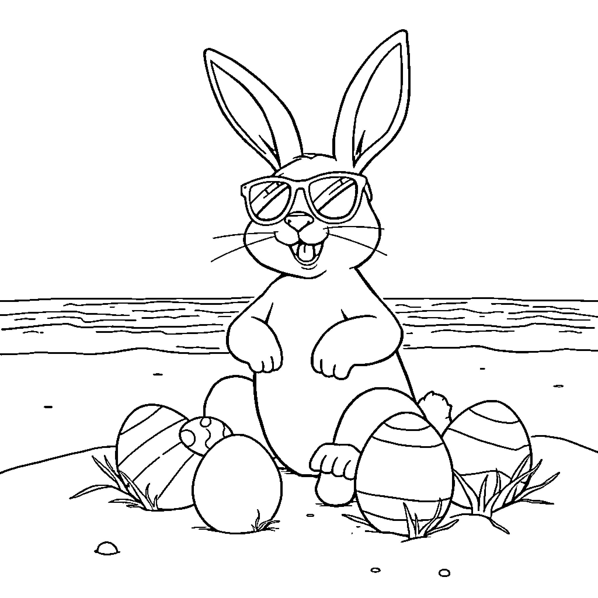Bunny wearing sunglasses enjoying Easter eggs Coloring Page (free black-and-white line drawing printable PDF for all, from beginners to advanced learners, including children, teens, adults, and seniors)