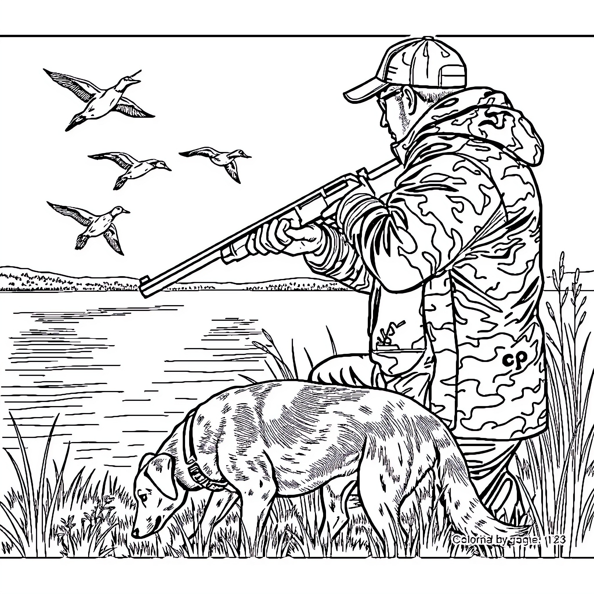 Hunter observing wildlife in the wilderness Coloring Page (free black-and-white line drawing printable PDF for all, from beginners to advanced learners, including children, teens, adults, and seniors)