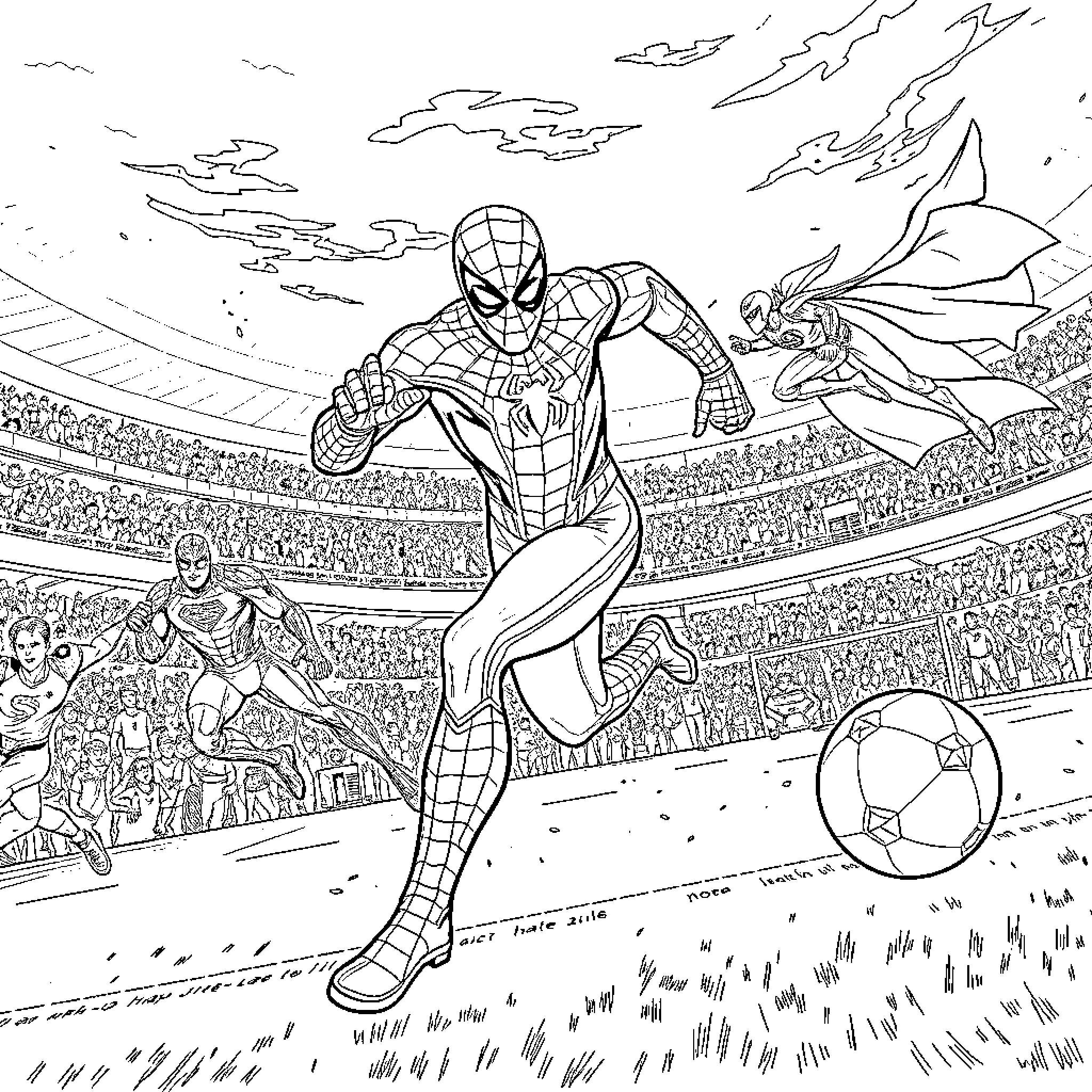 Spiderman in action during a football match Coloring Page (free black-and-white line drawing printable PDF for all, from beginners to advanced learners, including children, teens, adults, and seniors)