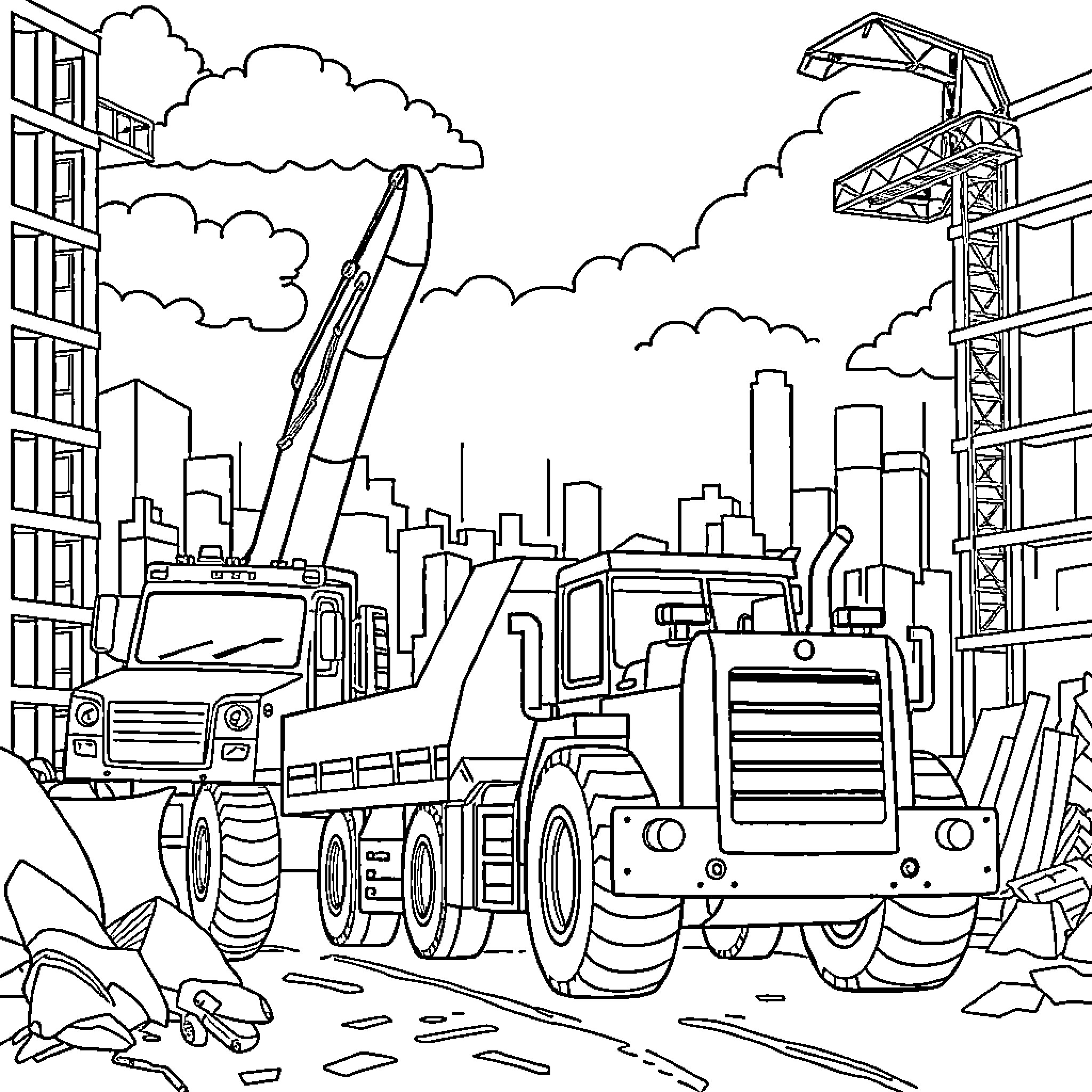 Construction Vehicles Working at a Construction Site Coloring Page (free black-and-white line drawing printable PDF for all, from beginners to advanced learners, including children, teens, adults, and seniors)