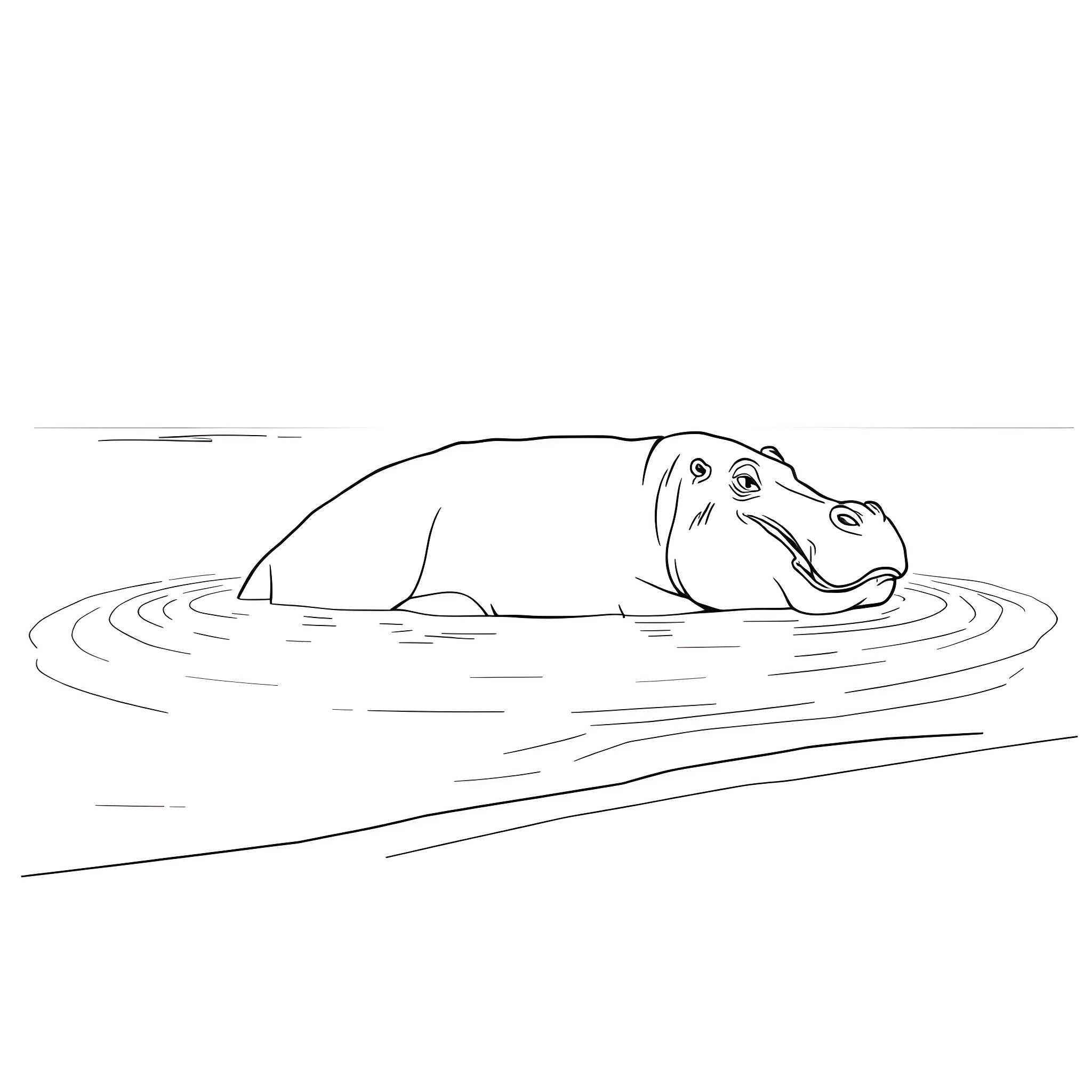 Hippopotamus relaxing in the water Coloring Page (free black-and-white line drawing printable PDF for all, from beginners to advanced learners, including children, teens, adults, and seniors)