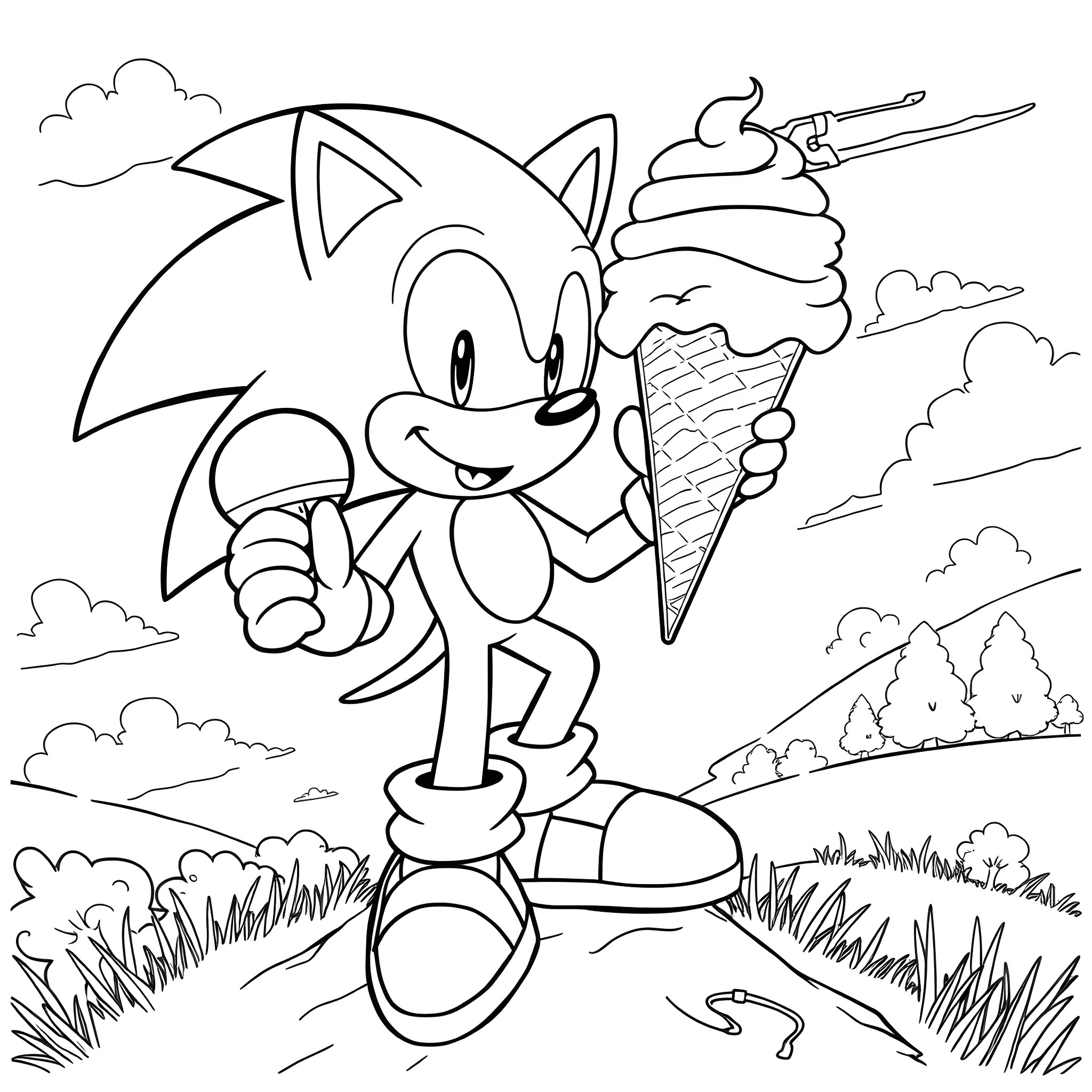 Sonic enjoying an ice cream cone in the outdoors Coloring Page (free black-and-white line drawing printable PDF for all, from beginners to advanced learners, including children, teens, adults, and seniors)