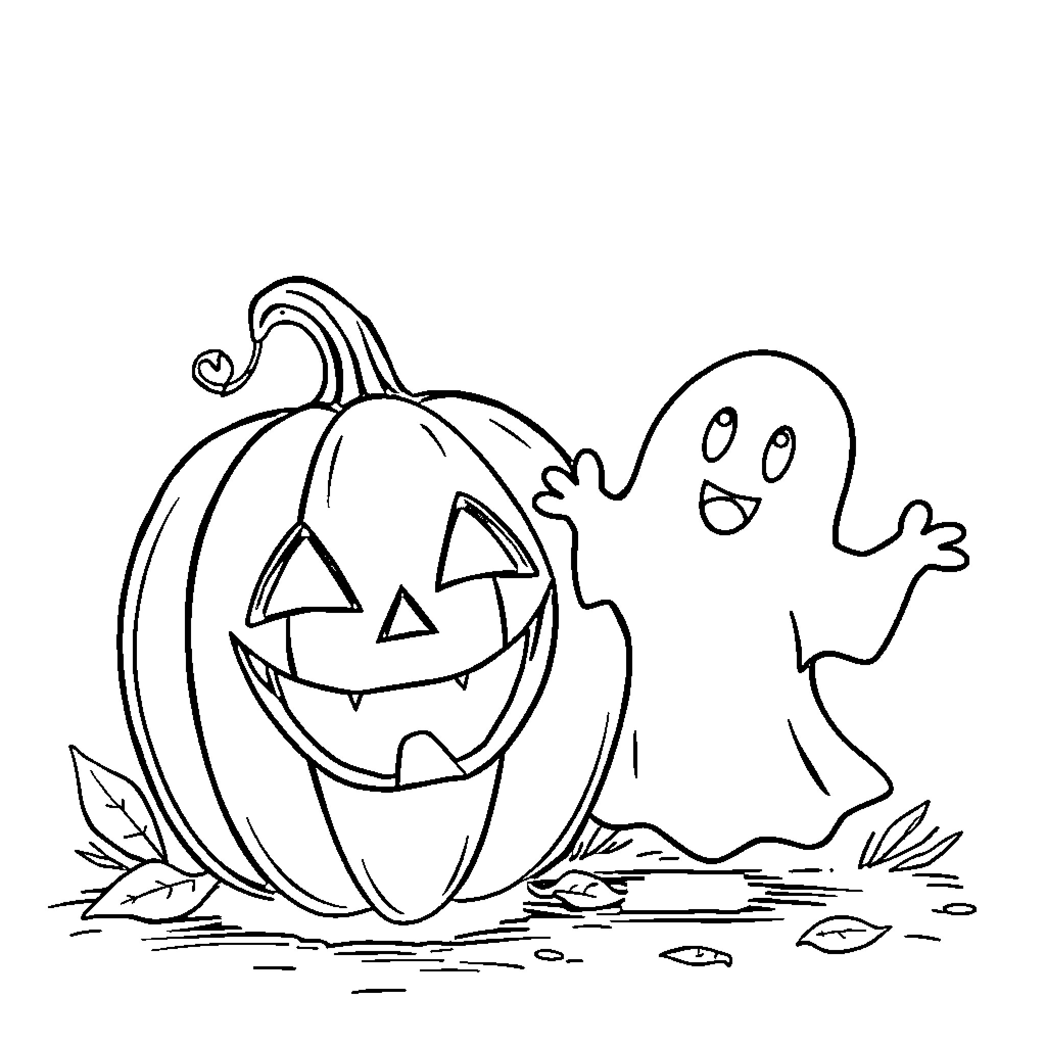 Pumpkin and Friendly Ghost on Halloween Coloring Page (free black-and-white line drawing printable PDF for all, from beginners to advanced learners, including children, teens, adults, and seniors)