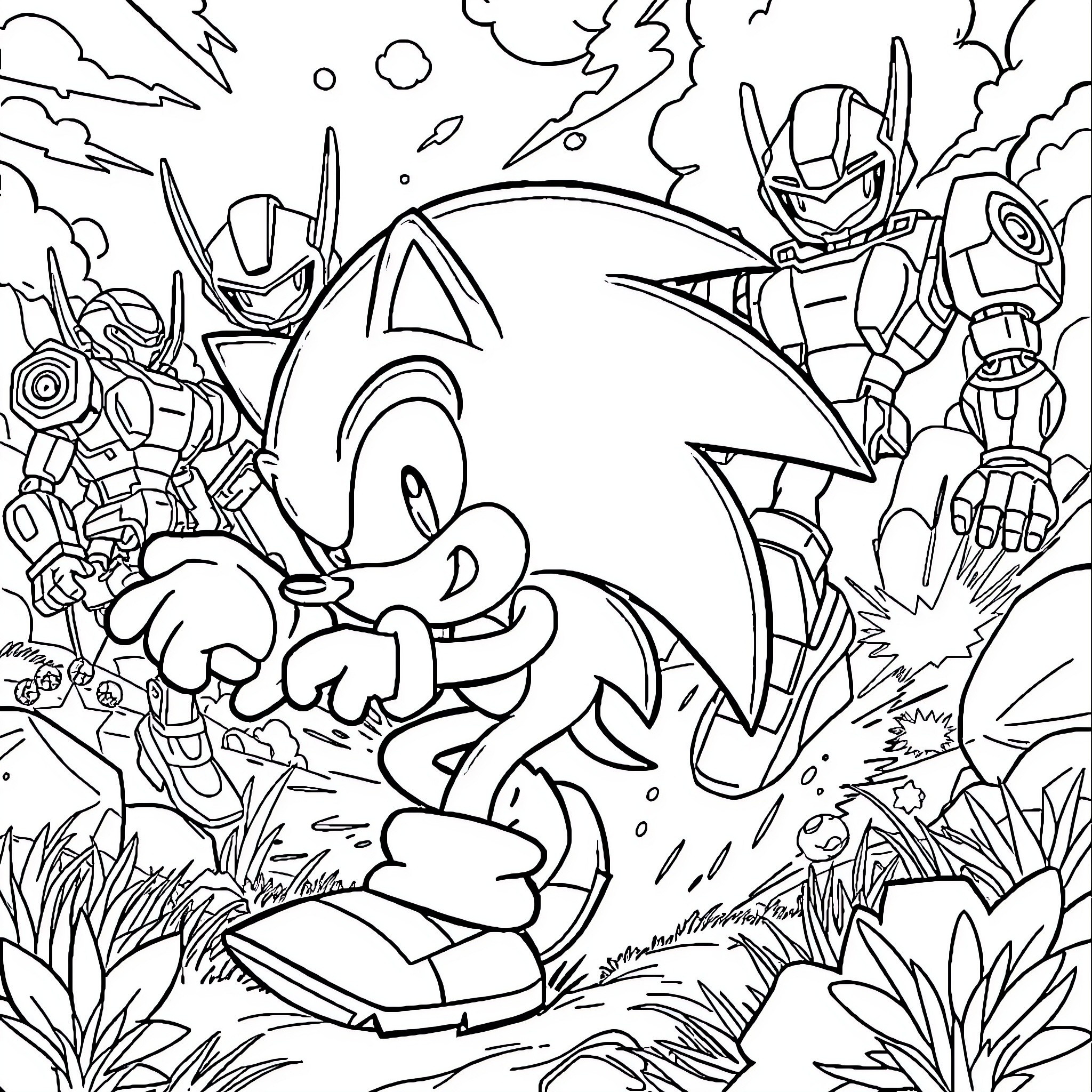 Sonic's Exciting Adventure with Robotic Companions Coloring Page (free black-and-white line drawing printable PDF for all, from beginners to advanced learners, including children, teens, adults, and seniors)