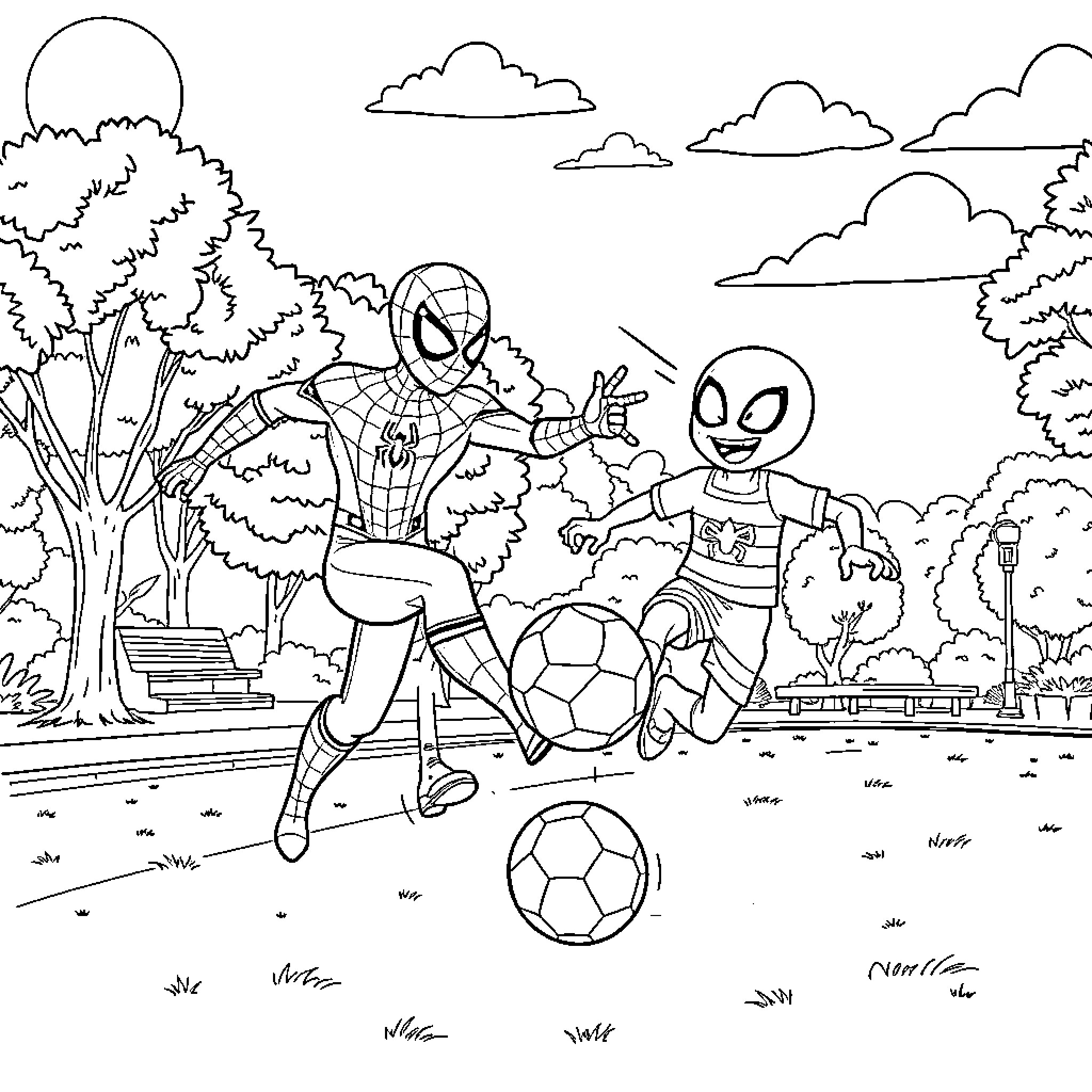 Spiderman playing soccer with an alien in the park Coloring Page (free black-and-white line drawing printable PDF for all, from beginners to advanced learners, including children, teens, adults, and seniors)