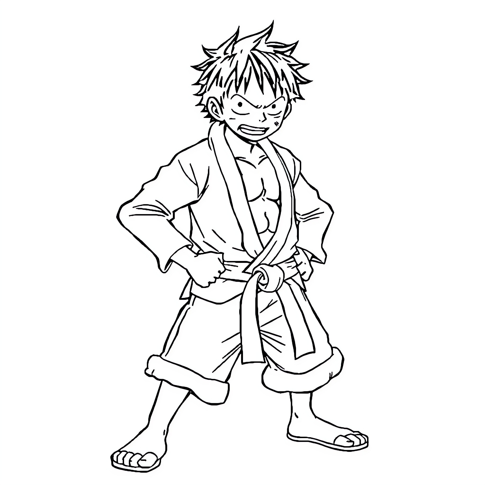 Luffy standing confidently in martial arts attire Coloring Page (free black-and-white line drawing printable PDF for all, from beginners to advanced learners, including children, teens, adults, and seniors)