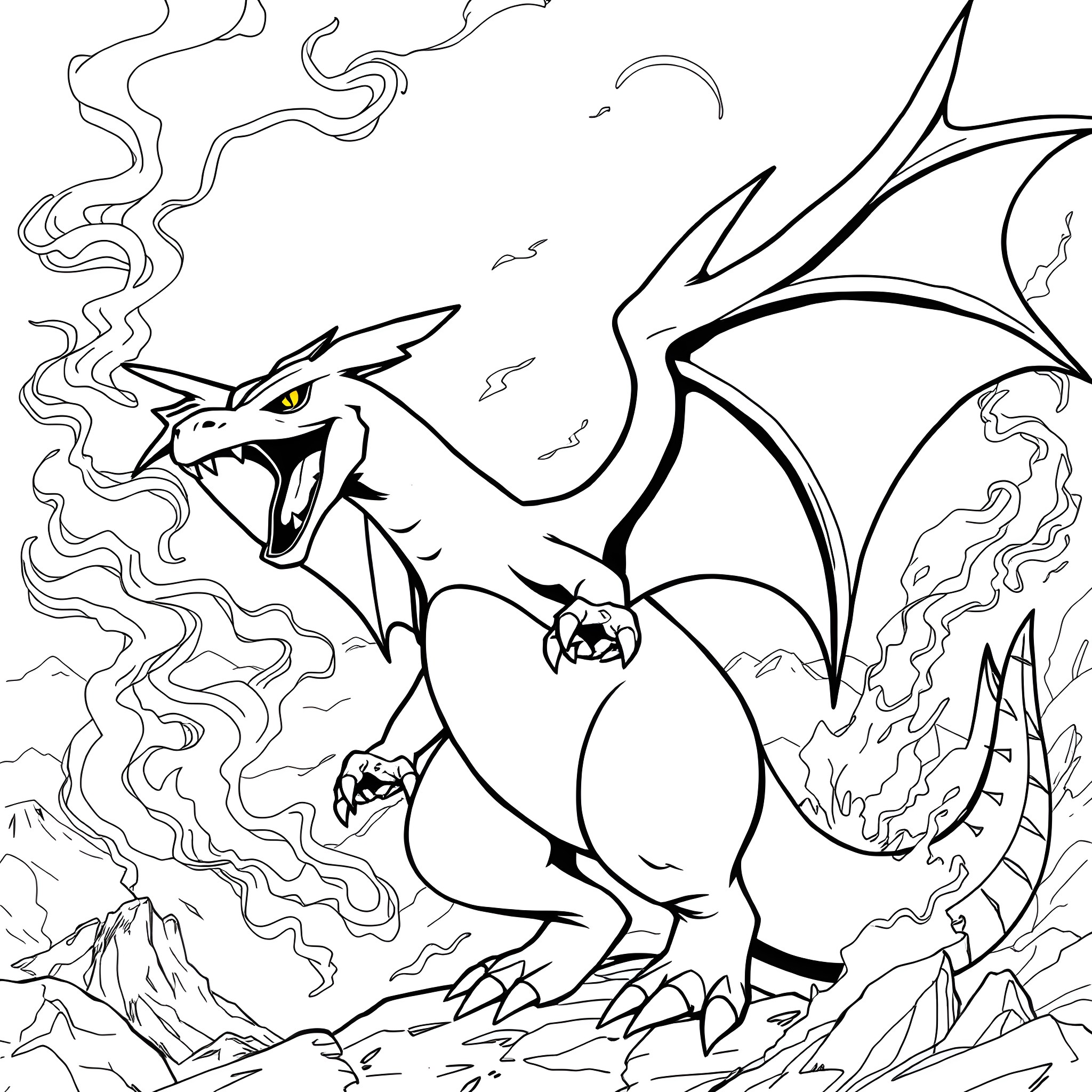 Charizard unleashing powerful flames in the wilderness Coloring Page (free black-and-white line drawing printable PDF for all, from beginners to advanced learners, including children, teens, adults, and seniors)
