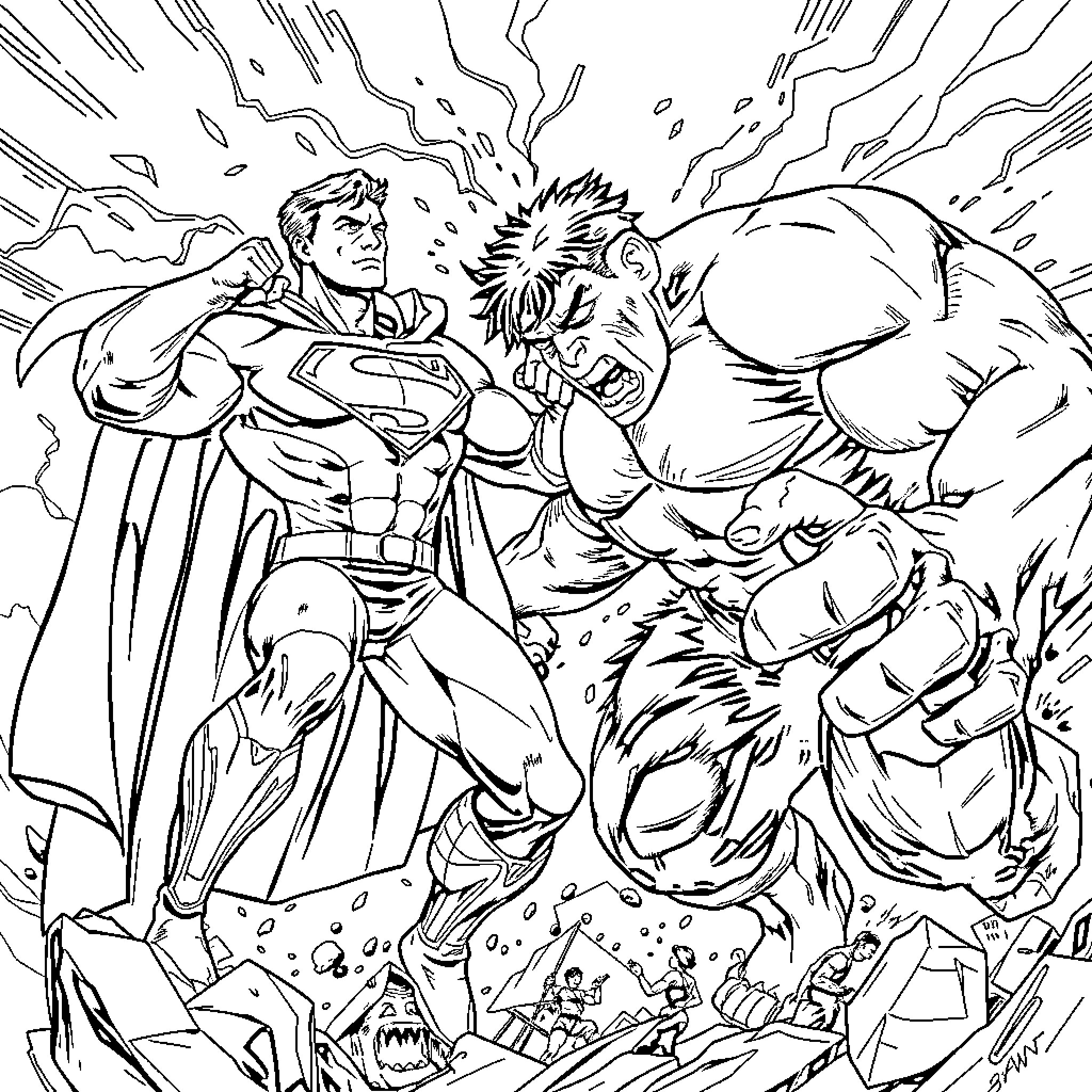 Superman battling a powerful villain in an epic showdown Coloring Page (free black-and-white line drawing printable PDF for all, from beginners to advanced learners, including children, teens, adults, and seniors)