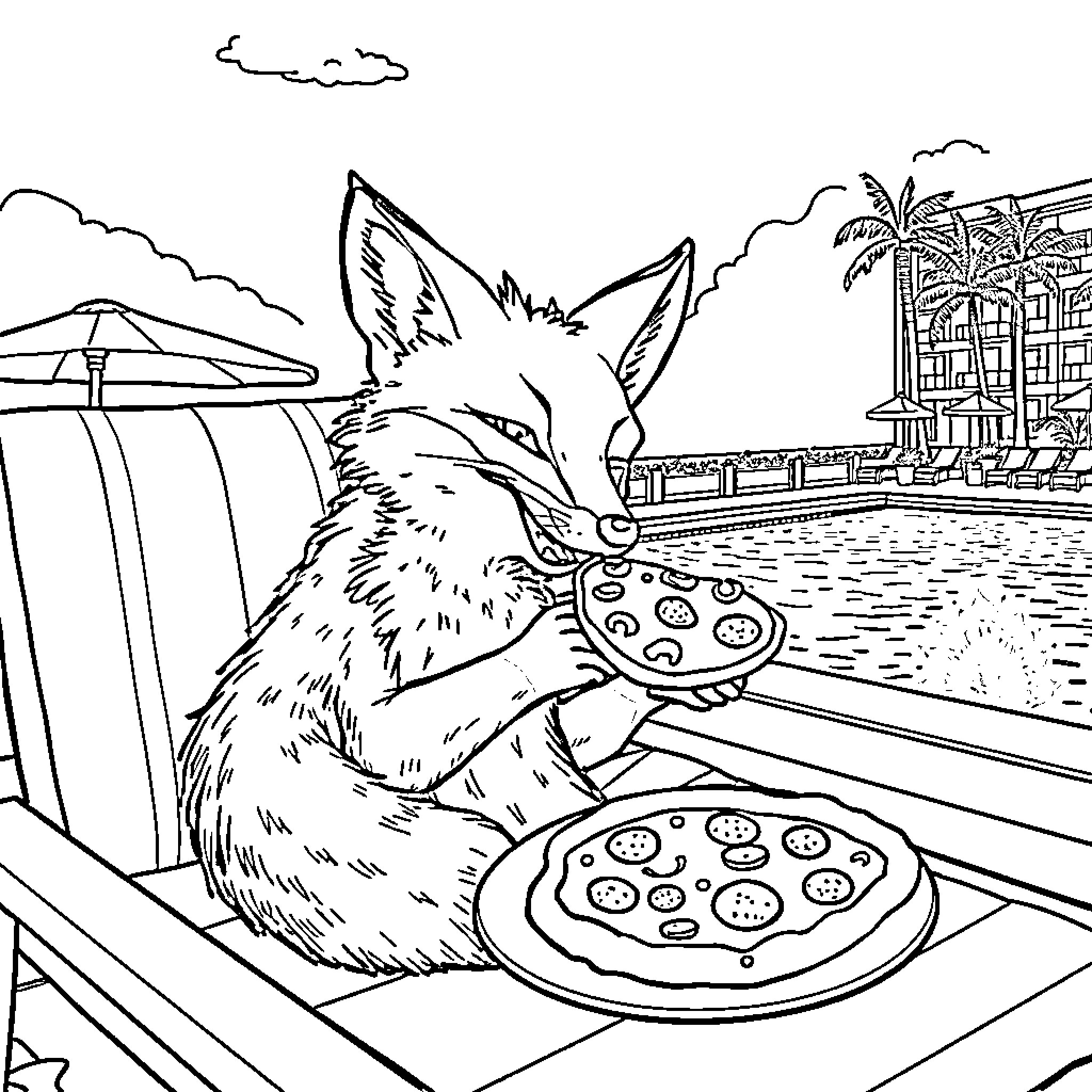 Fox relaxing and enjoying pizza by the pool Coloring Page (free black-and-white line drawing printable PDF for all, from beginners to advanced learners, including children, teens, adults, and seniors)