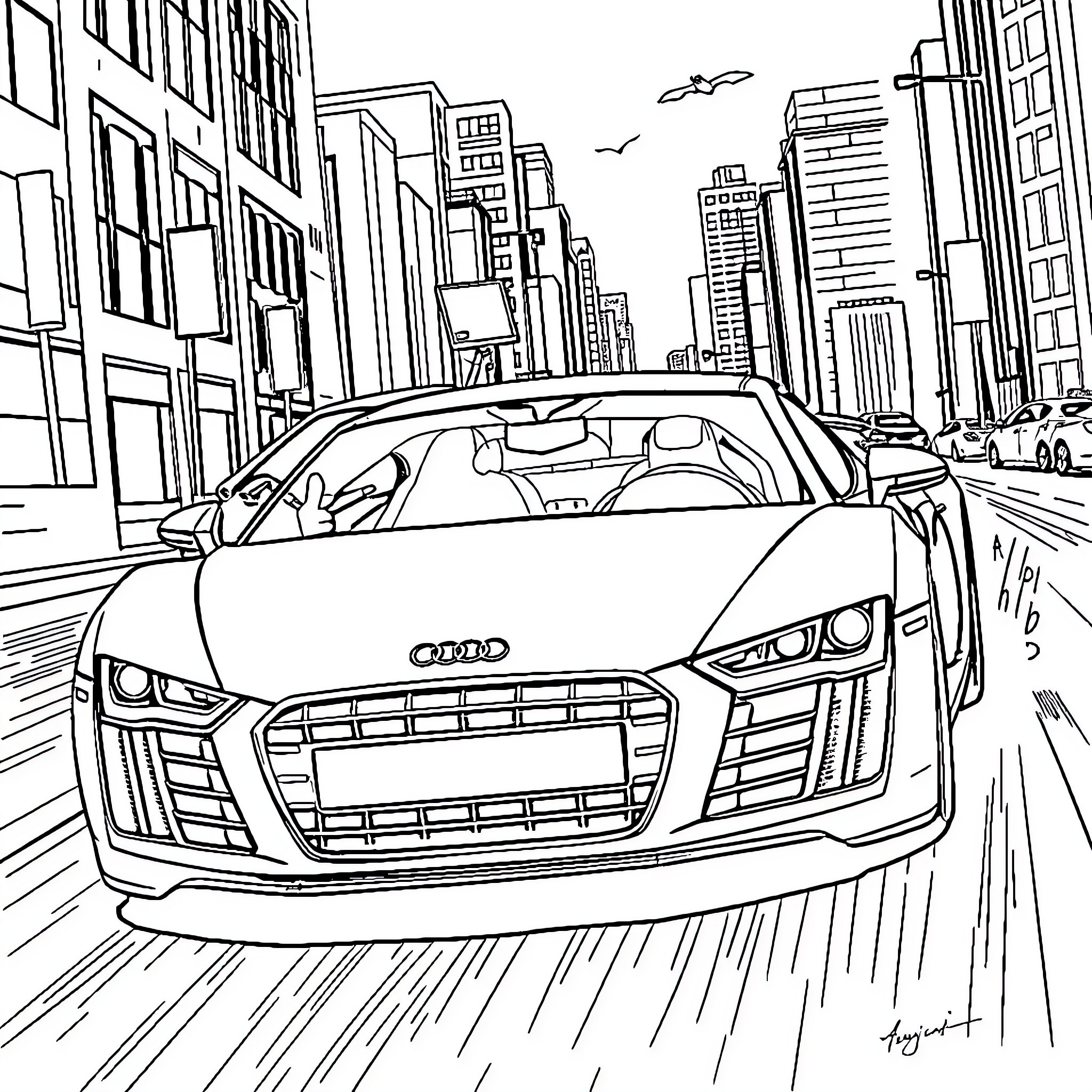 Batman's Audi sports car speeding through the city Coloring Page (free black-and-white line drawing printable PDF for all, from beginners to advanced learners, including children, teens, adults, and seniors)