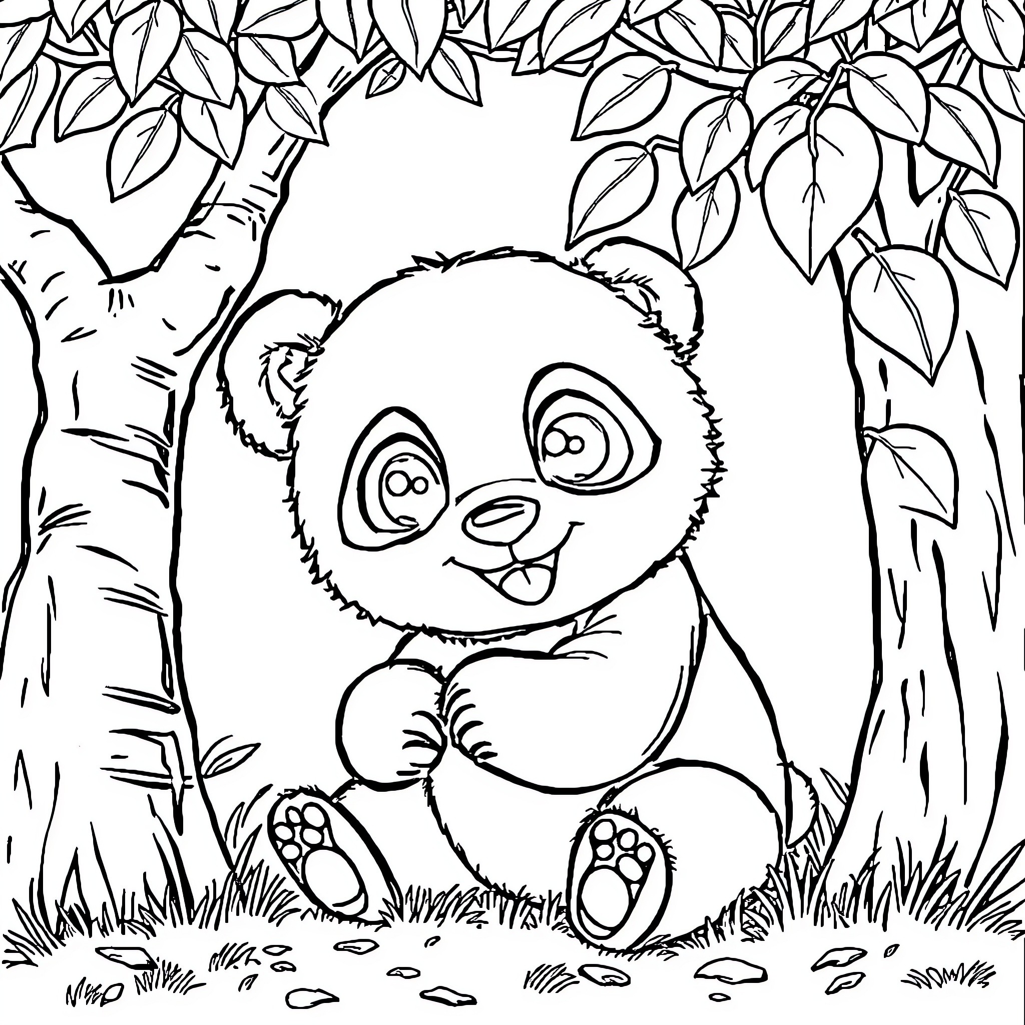 Panda playing happily in the forest Coloring Page (free black-and-white line drawing printable PDF for all, from beginners to advanced learners, including children, teens, adults, and seniors)