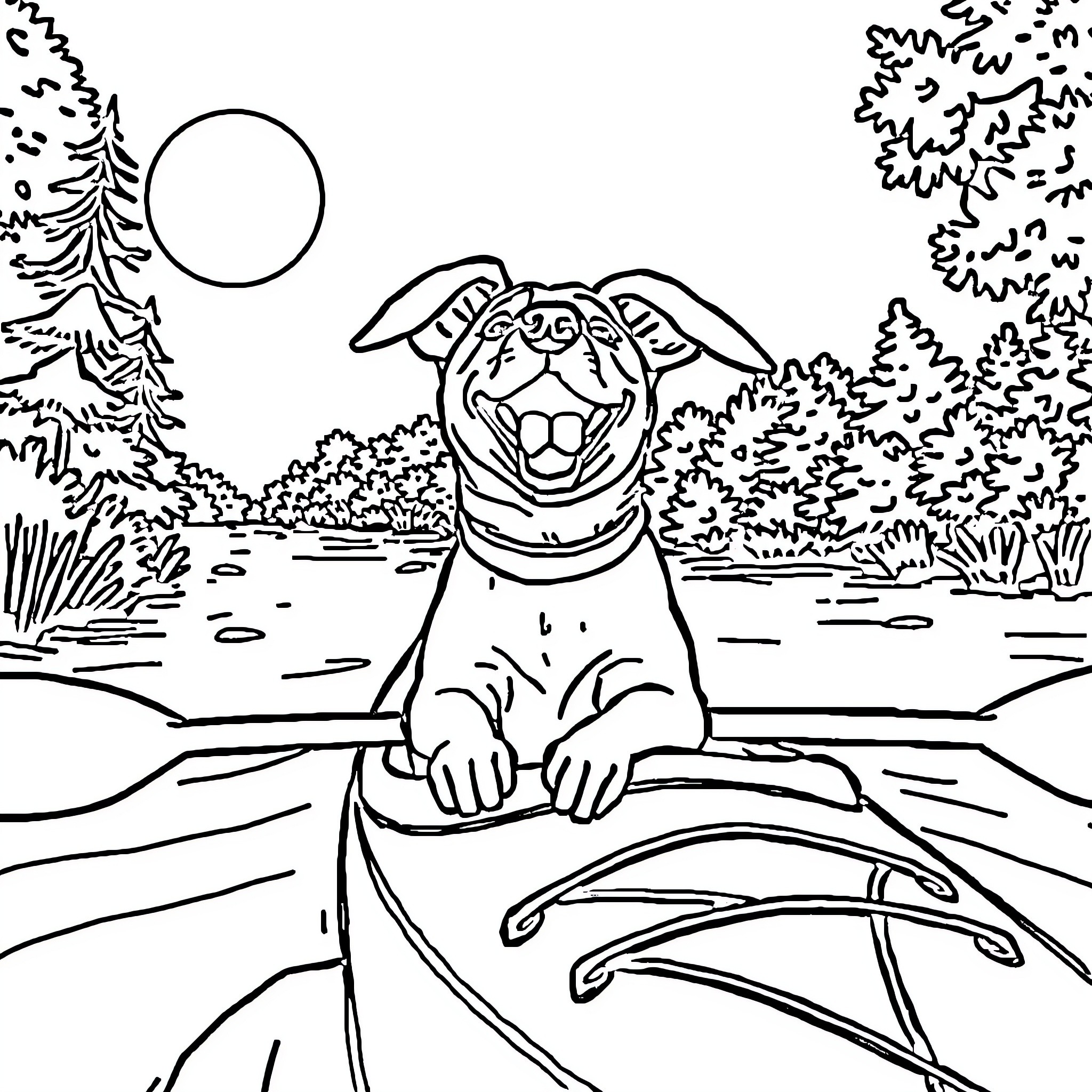 Dog enjoying a sunny day outdoors Coloring Page (free black-and-white line drawing printable PDF for all, from beginners to advanced learners, including children, teens, adults, and seniors)