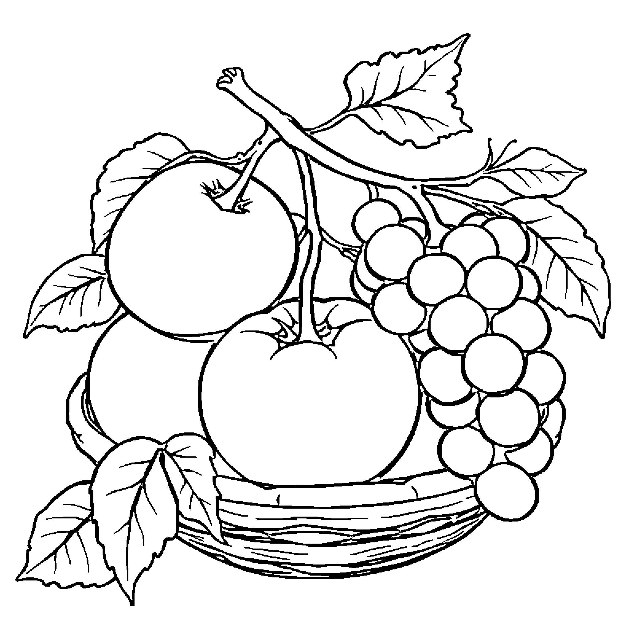 Fruit basket with assorted produce Coloring Page (free black-and-white line drawing printable PDF for all, from beginners to advanced learners, including children, teens, adults, and seniors)