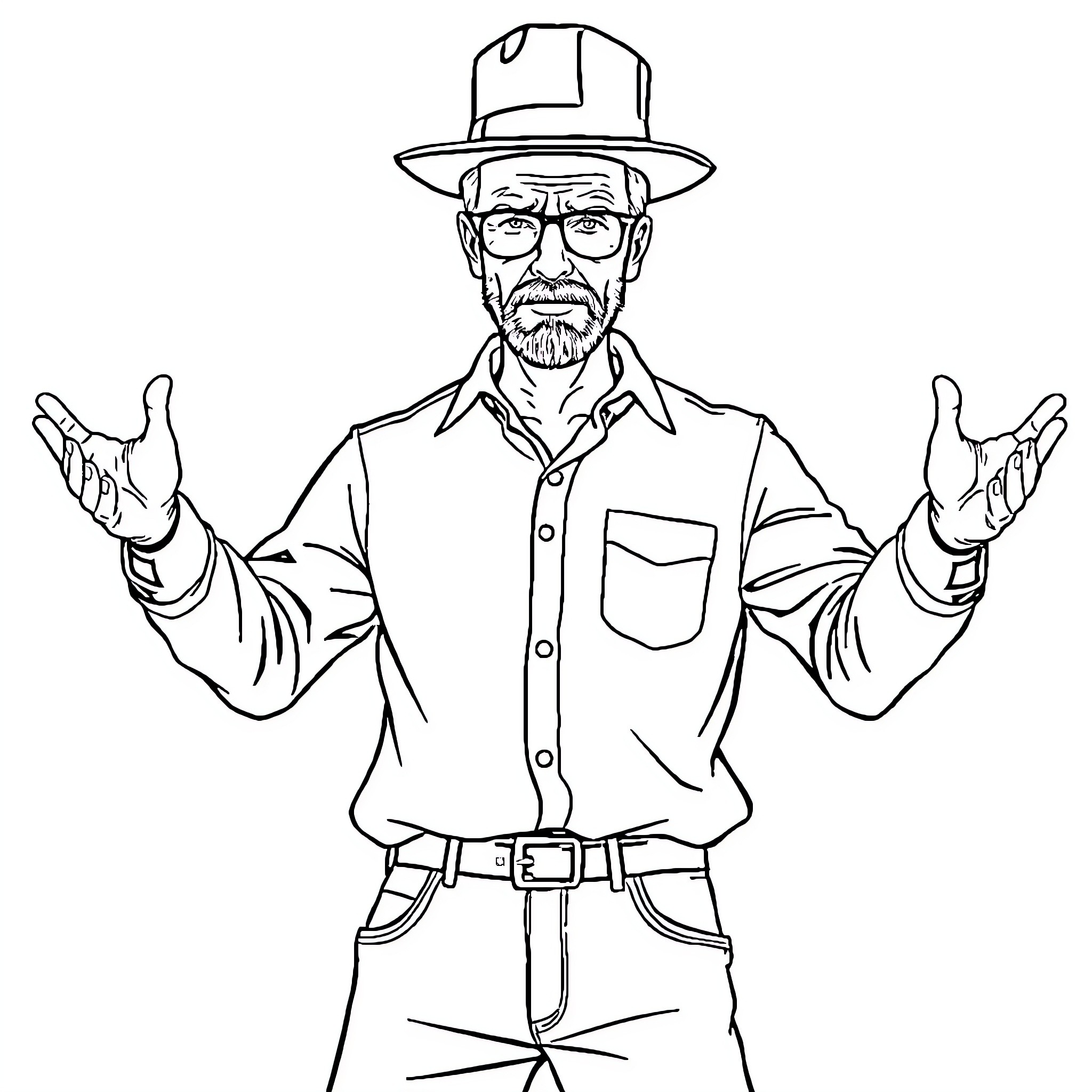Walter White in a casual, thoughtful pose Coloring Page (free black-and-white line drawing printable PDF for all, from beginners to advanced learners, including children, teens, adults, and seniors)