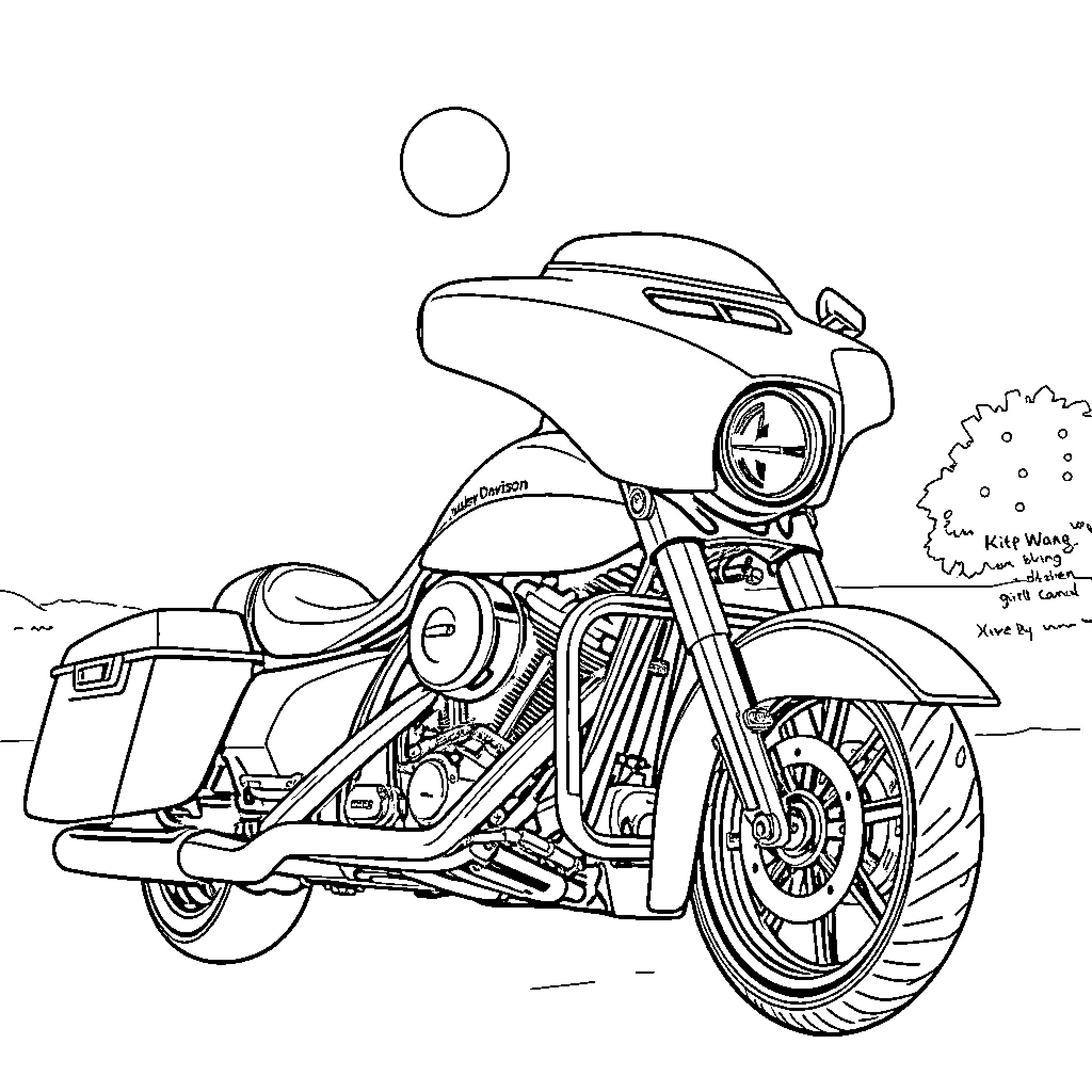 Harley Davidson motorcycle in action Coloring Page (free black-and-white line drawing printable PDF for all, from beginners to advanced learners, including children, teens, adults, and seniors)