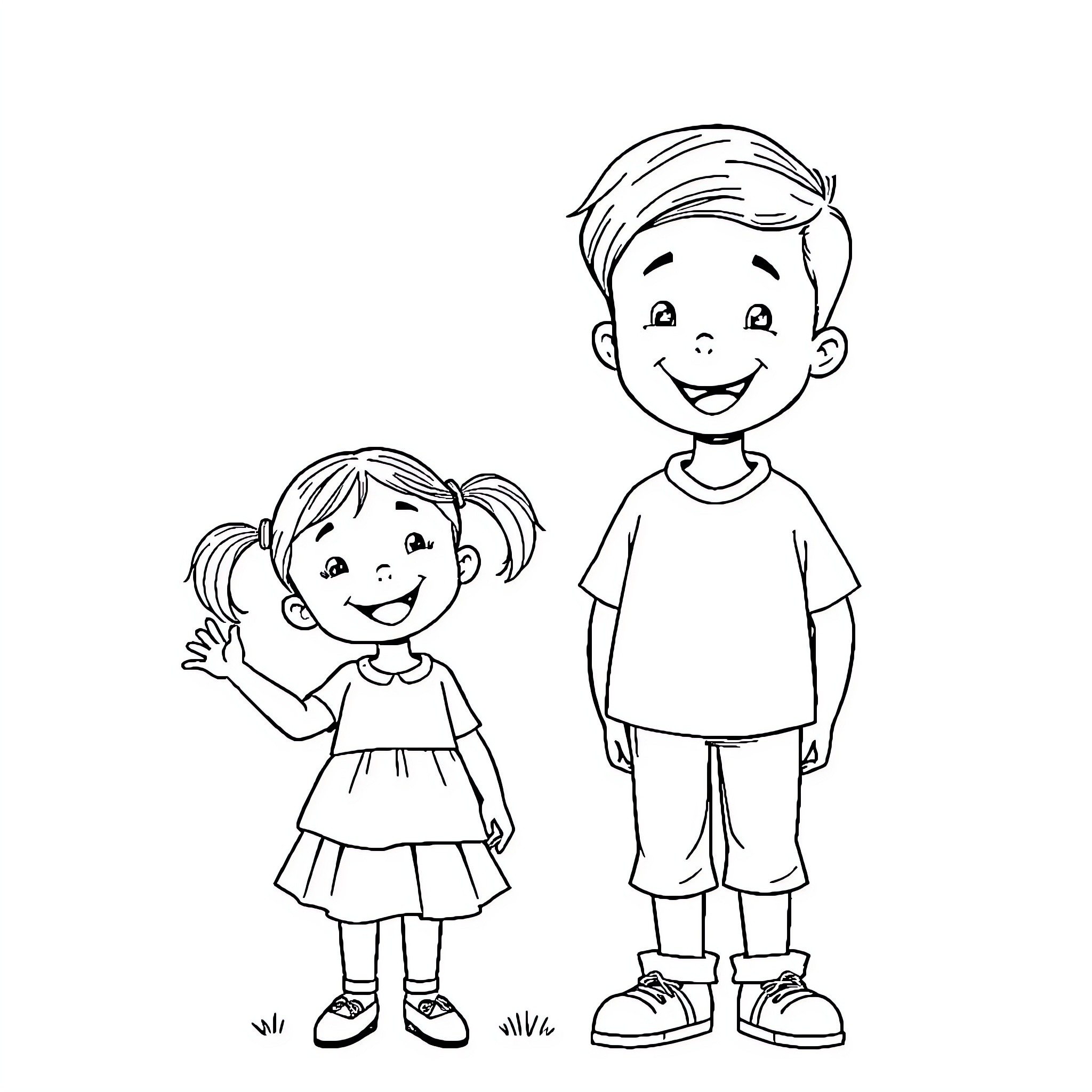 Girl and boy playing together happily Coloring Page (free black-and-white line drawing printable PDF for all, from beginners to advanced learners, including children, teens, adults, and seniors)