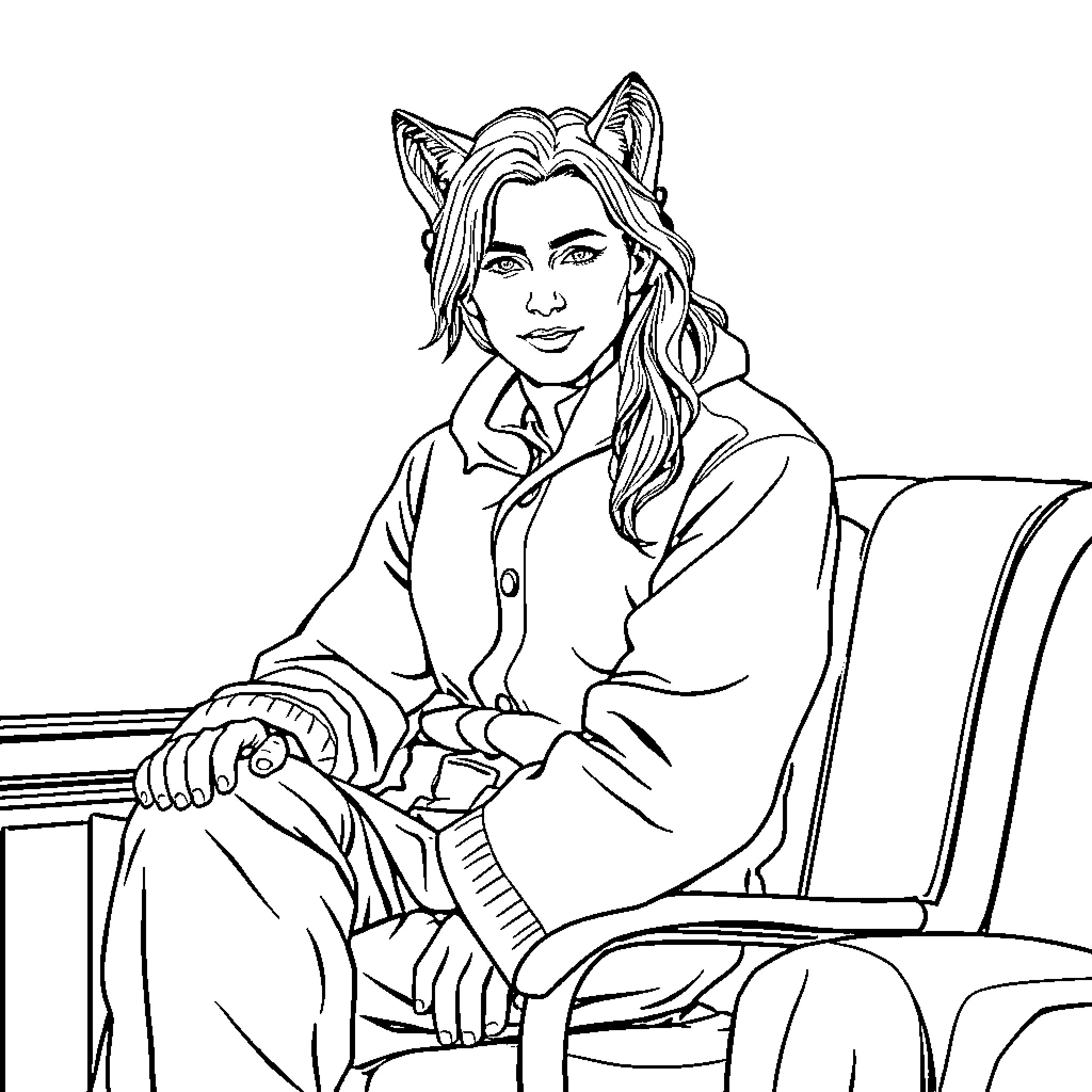 Homer Simpson as a smiling woman with cat ears Coloring Page (free black-and-white line drawing printable PDF for all, from beginners to advanced learners, including children, teens, adults, and seniors)