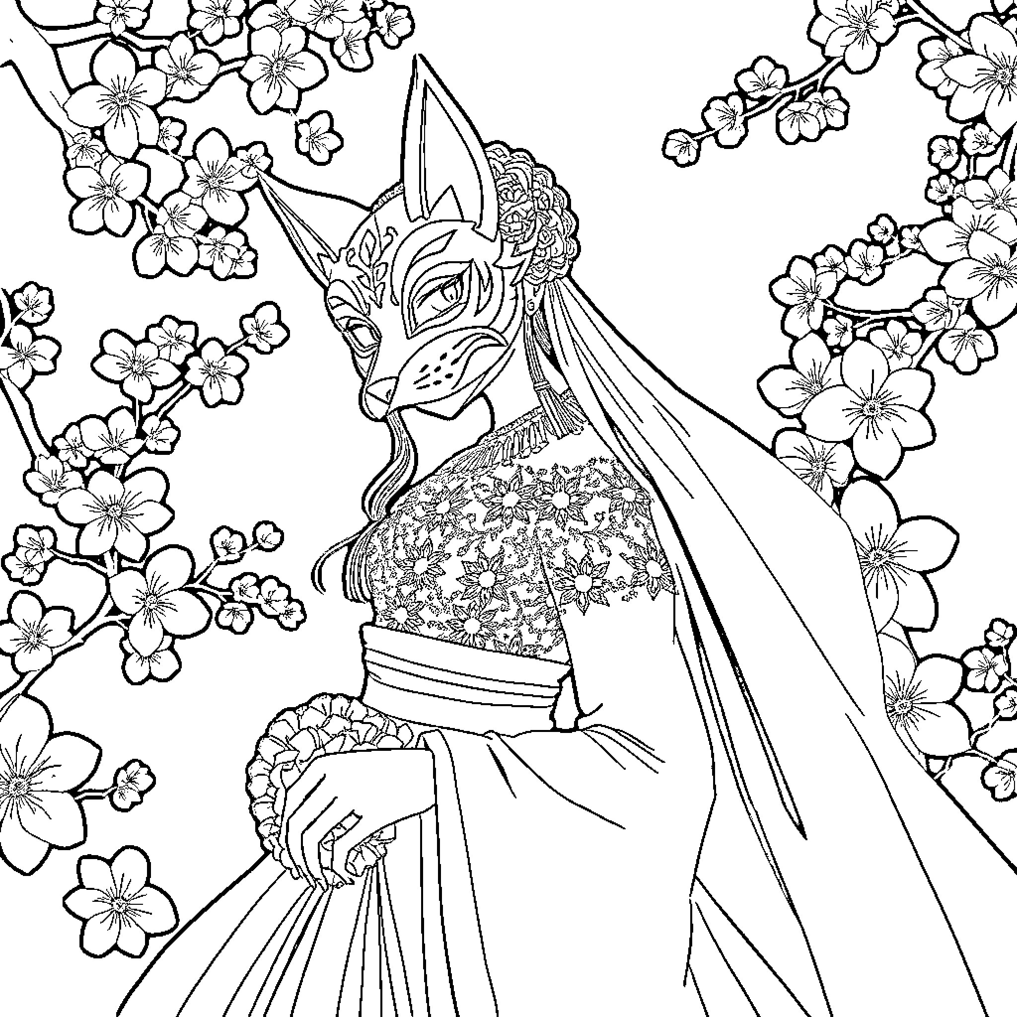 Hinako Shimizu in traditional Japanese attire amid spring blossoms Coloring Page (free black-and-white line drawing printable PDF for all, from beginners to advanced learners, including children, teens, adults, and seniors)