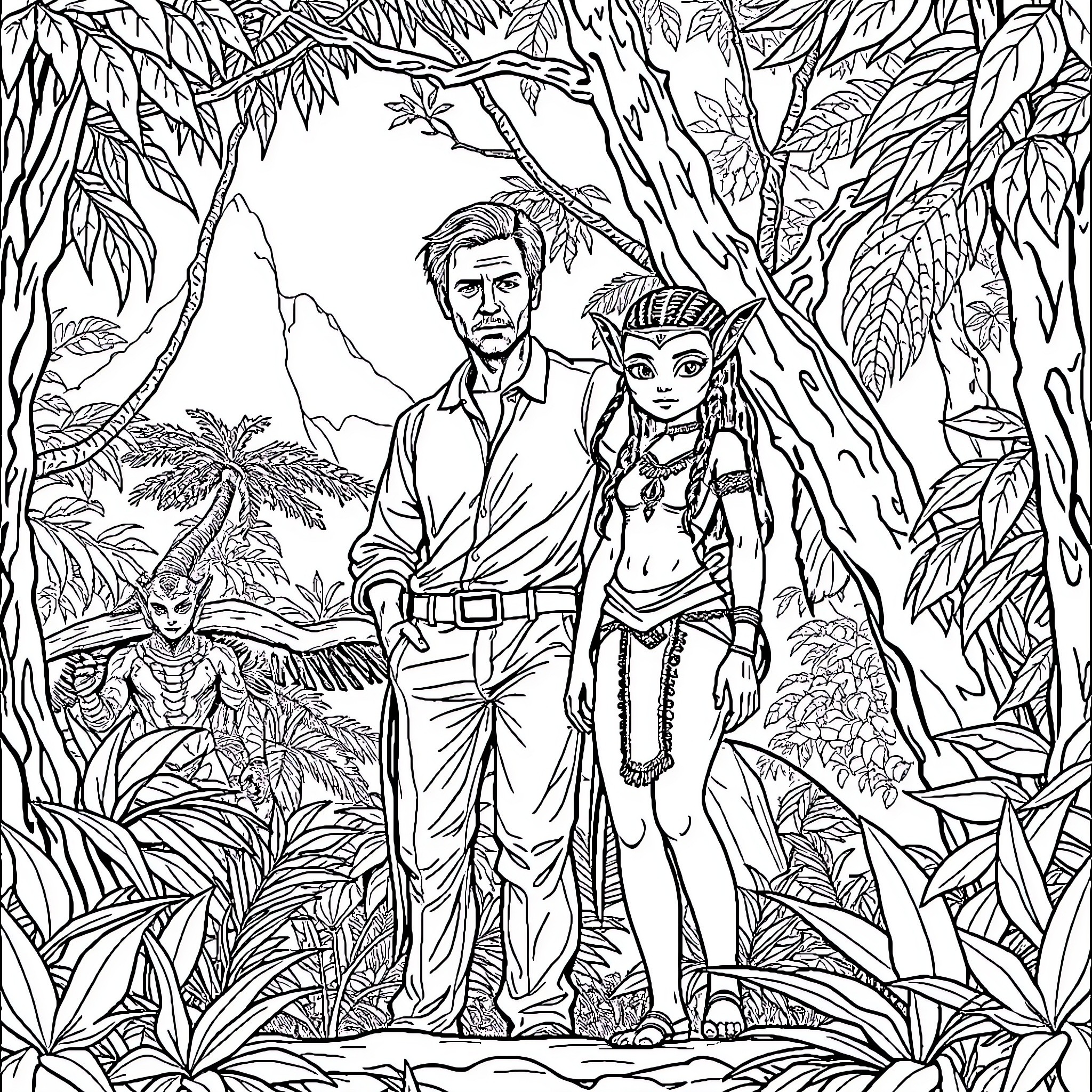 Jack Sully and Neytiri explore the lush jungle landscape Coloring Page (free black-and-white line drawing printable PDF for all, from beginners to advanced learners, including children, teens, adults, and seniors)