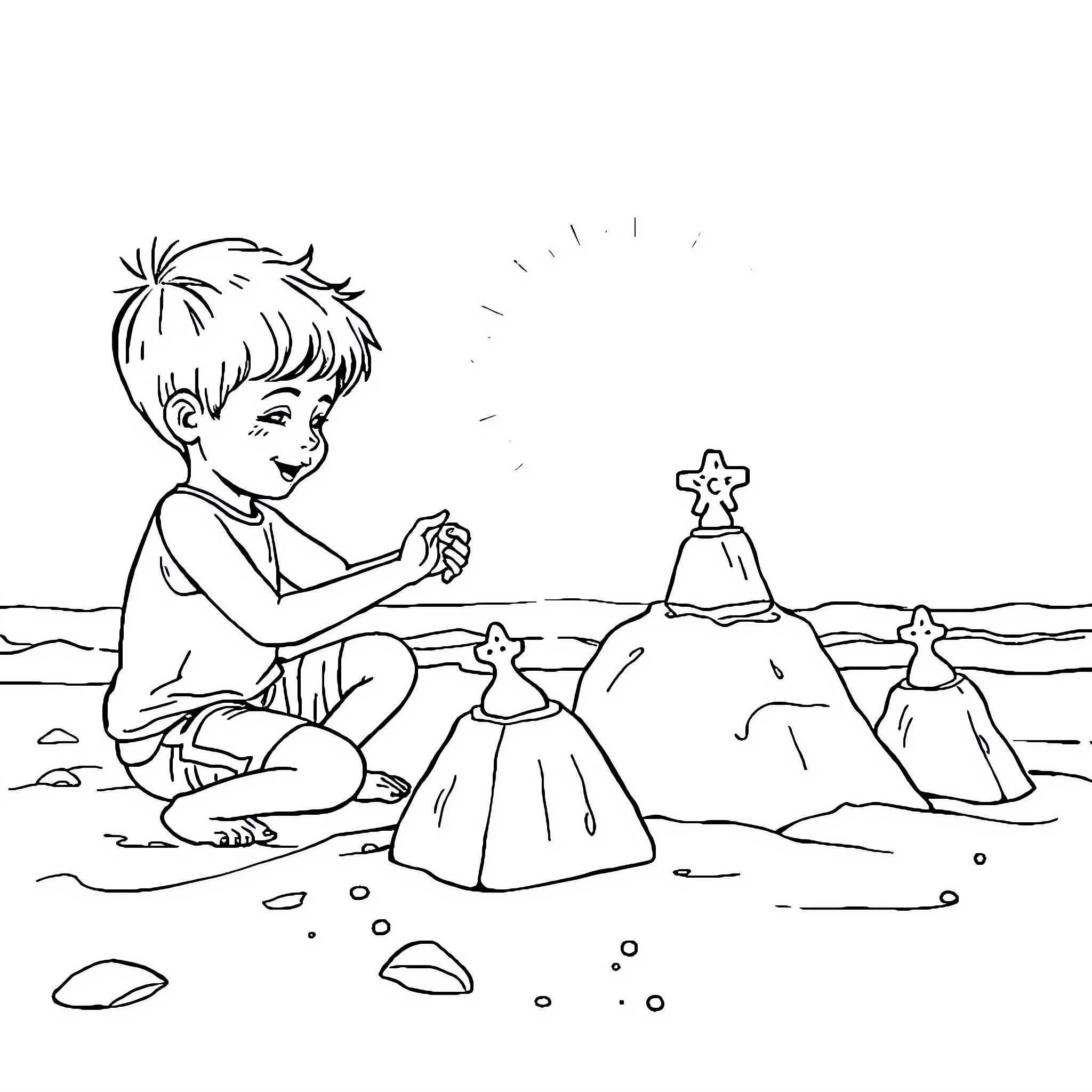 Child building sandcastles at the beach Coloring Page (free black-and-white line drawing printable PDF for all, from beginners to advanced learners, including children, teens, adults, and seniors)