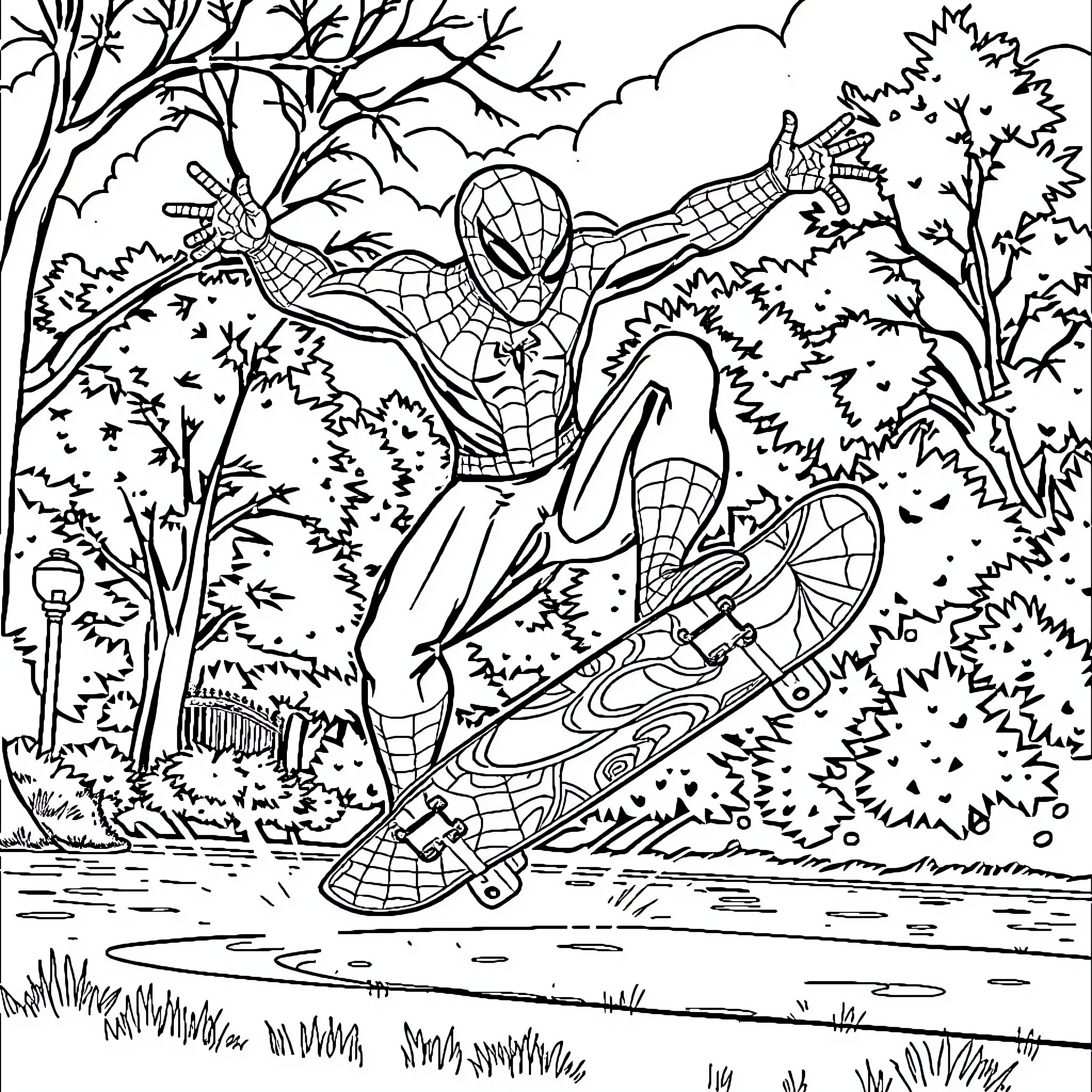 Spider-Man swinging through the forest on his web Coloring Page (free black-and-white line drawing printable PDF for all, from beginners to advanced learners, including children, teens, adults, and seniors)