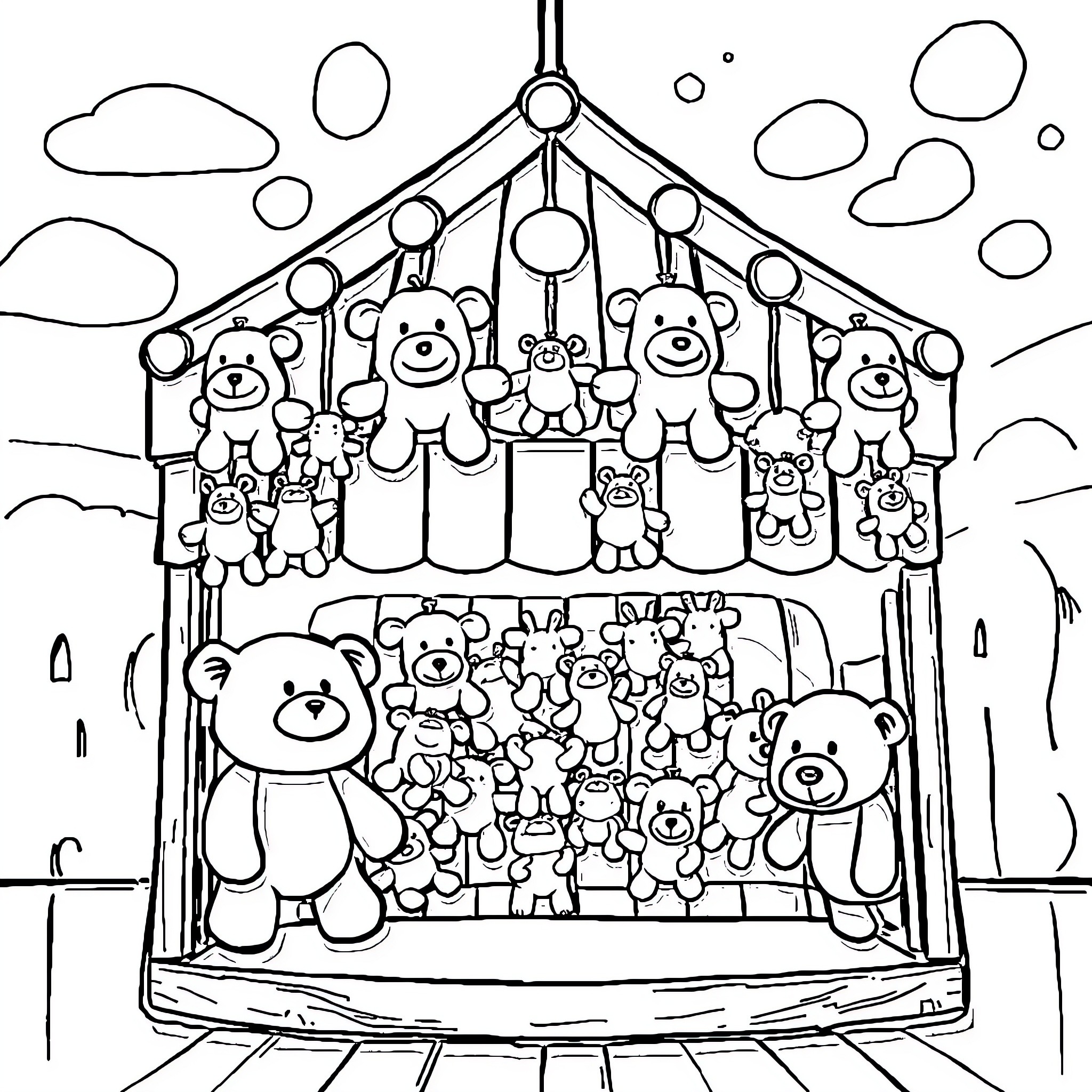 Shooting Stand with Many Stuffed Bears Coloring Page (free black-and-white line drawing printable PDF for all, from beginners to advanced learners, including children, teens, adults, and seniors)
