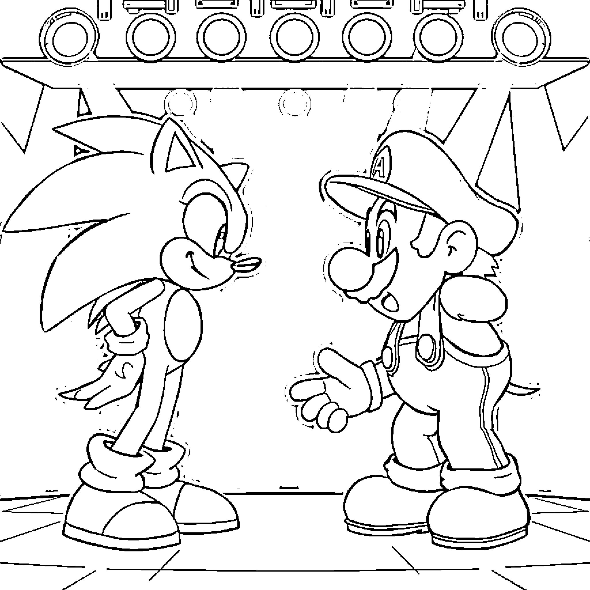 Sonic and Mario in Animated Confrontation Coloring Page (free black-and-white line drawing printable PDF for all, from beginners to advanced learners, including children, teens, adults, and seniors)