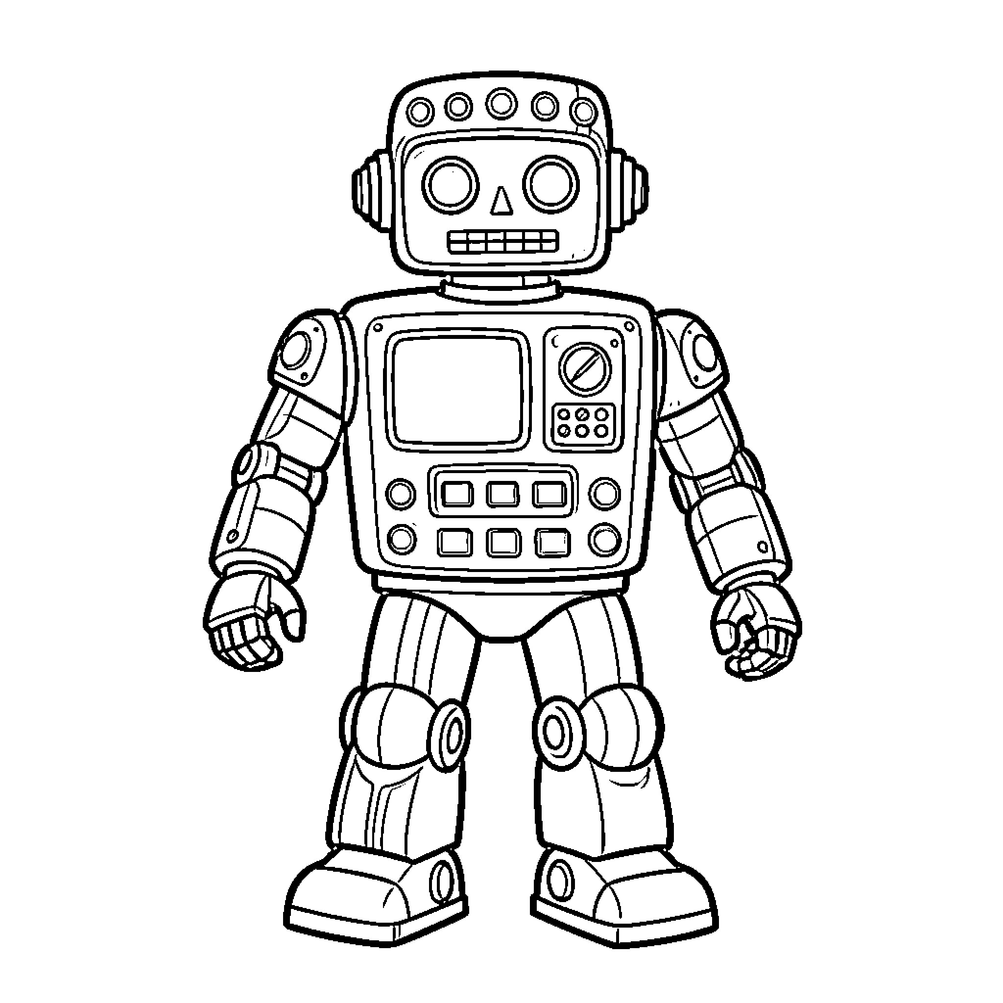 Robot with unique design and buttons Coloring Page (free black-and-white line drawing printable PDF for all, from beginners to advanced learners, including children, teens, adults, and seniors)