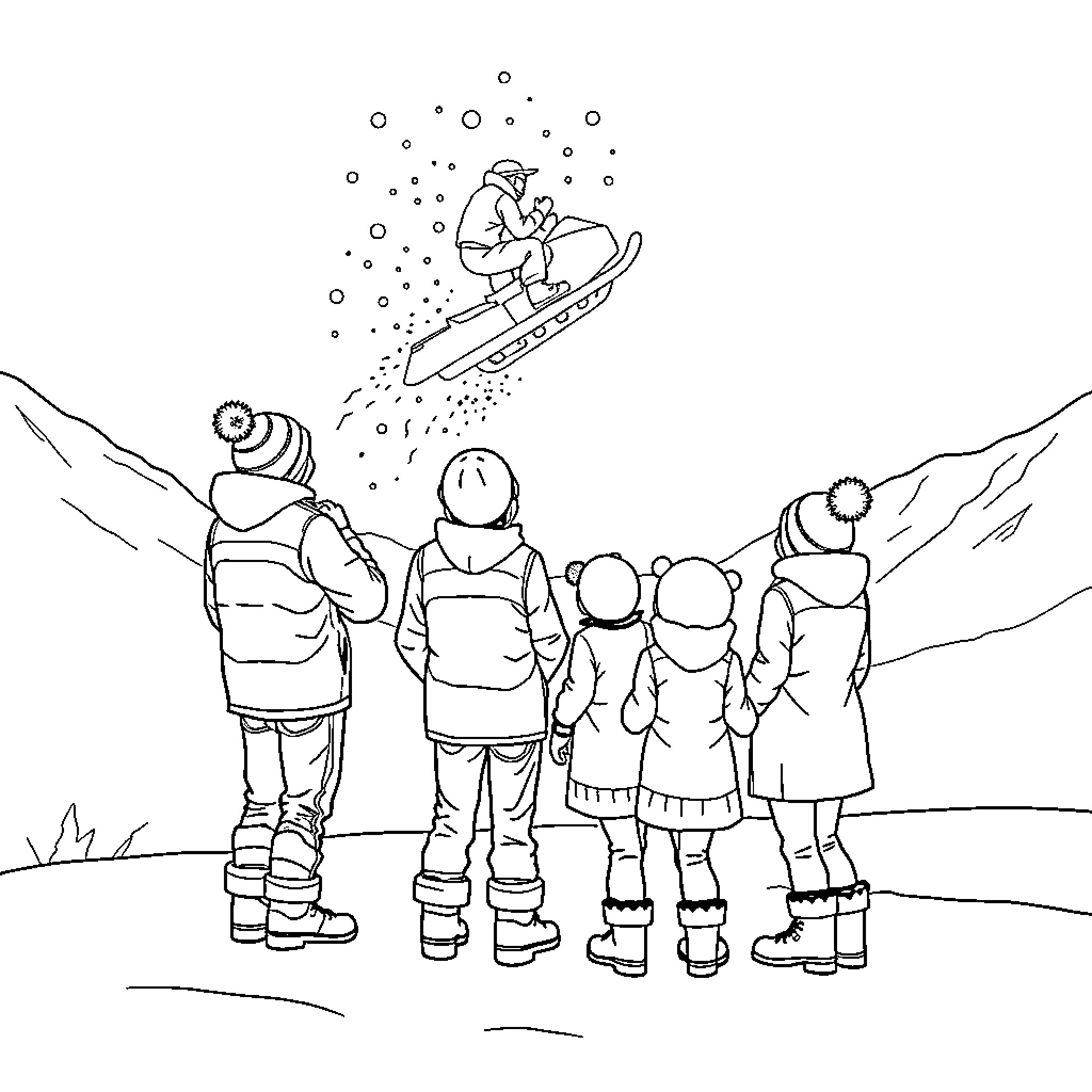 Family Enjoying Snowy Winter Activities Coloring Page (free black-and-white line drawing printable PDF for all, from beginners to advanced learners, including children, teens, adults, and seniors)
