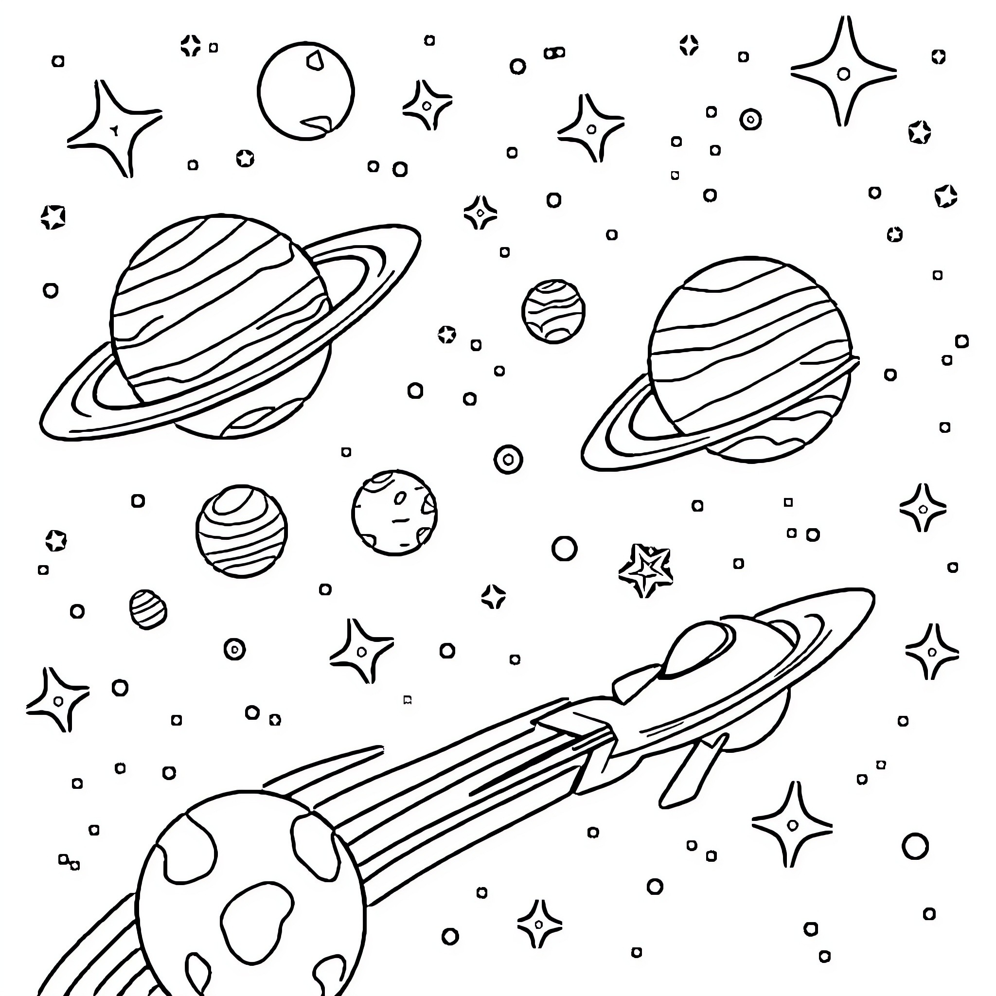 Space adventure with planets and shooting stars Coloring Page (free black-and-white line drawing printable PDF for all, from beginners to advanced learners, including children, teens, adults, and seniors)
